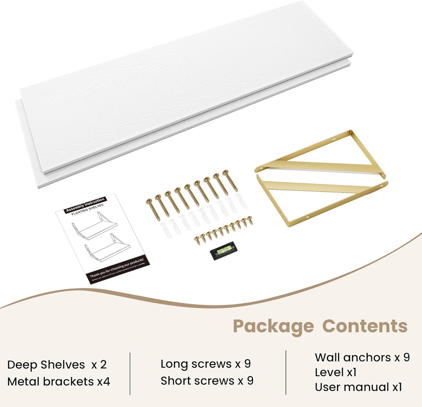 Floating Shelves for Wall, 12 Inch Deep Floating Shelves Set of 2, 48W x 12D Large Wall Shelf with Sturdy Metal Brackets for Living Room, Bathroom, Bedroom and Kitchen, White with Gold Bracket