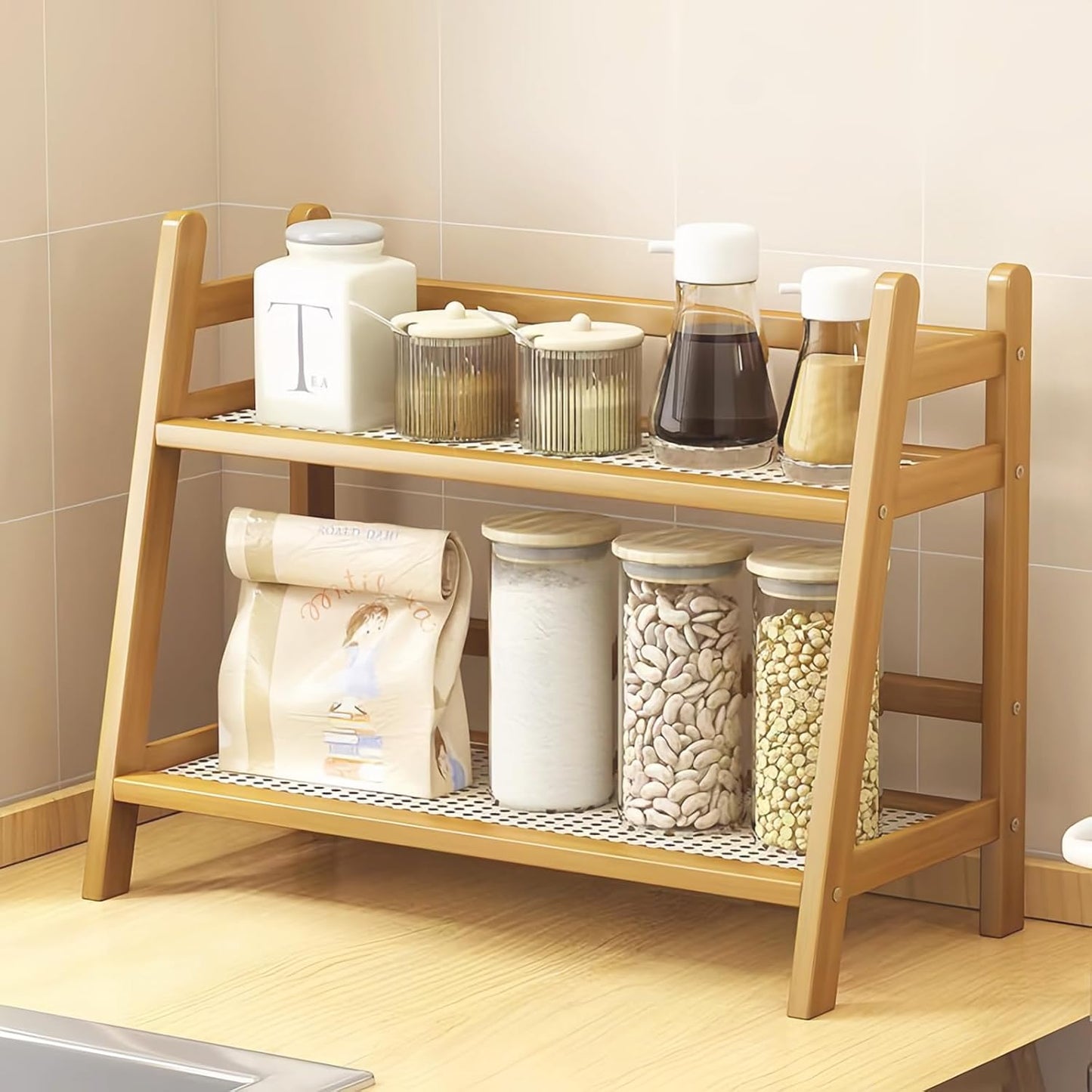 Wicker-Look Coffee Station Organizer, Bamboo Mug Holder Countertop, Kitchen Counter Shelf for Tea Coffee Bar Accessories, Matcha Stand, Cup Display, Condiment Storage Rack, 2 Tier