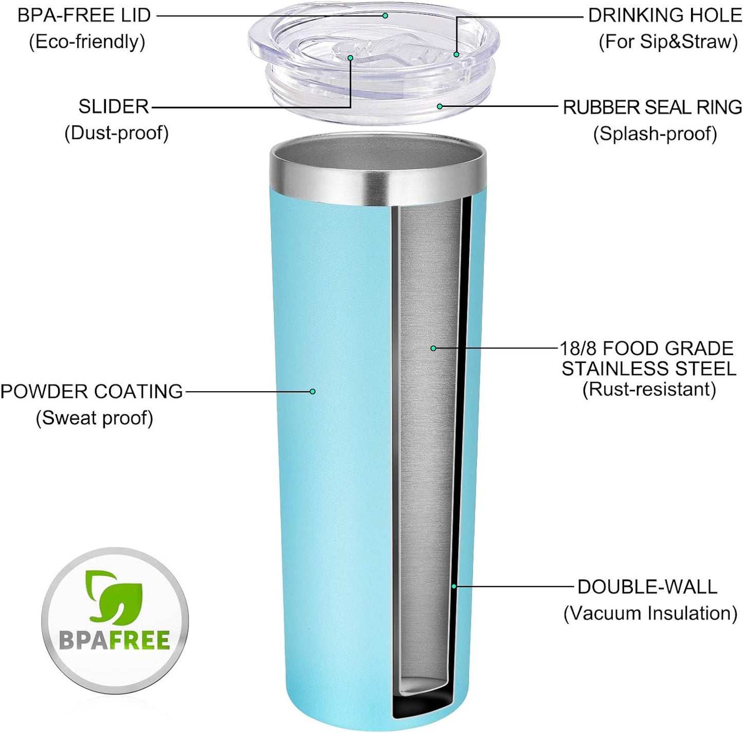 VEGOND Stainless Steel Tumblers Bulk 12 Pack, 20 oz Vacuum Insulated Skinny Tumblers with Lids and Straws, Double Wall Coffee Mug, Travel Water Cup, Blue
