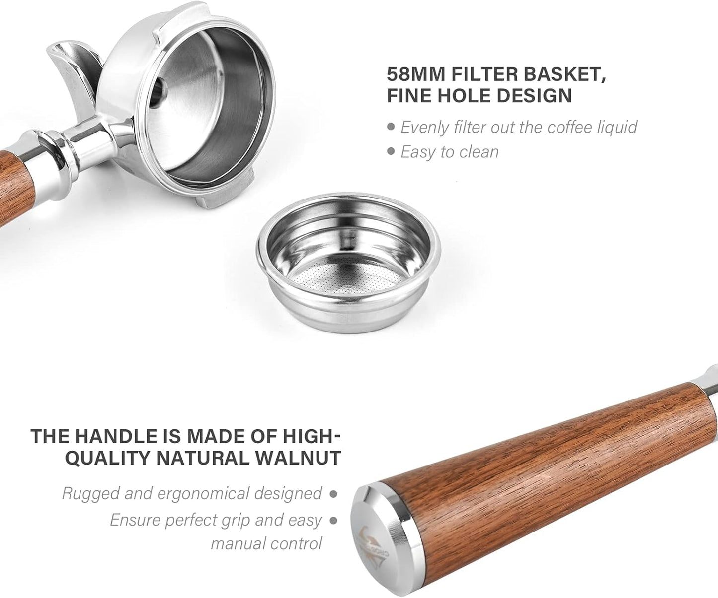58mm Espresso Double Spouts Portafilter with 2 Ear | Fits E61 | Flair/Rocket/Sanremo/Expobar etc. | Stainless Steel Basket and Walnut Handle | Espresso Accessories