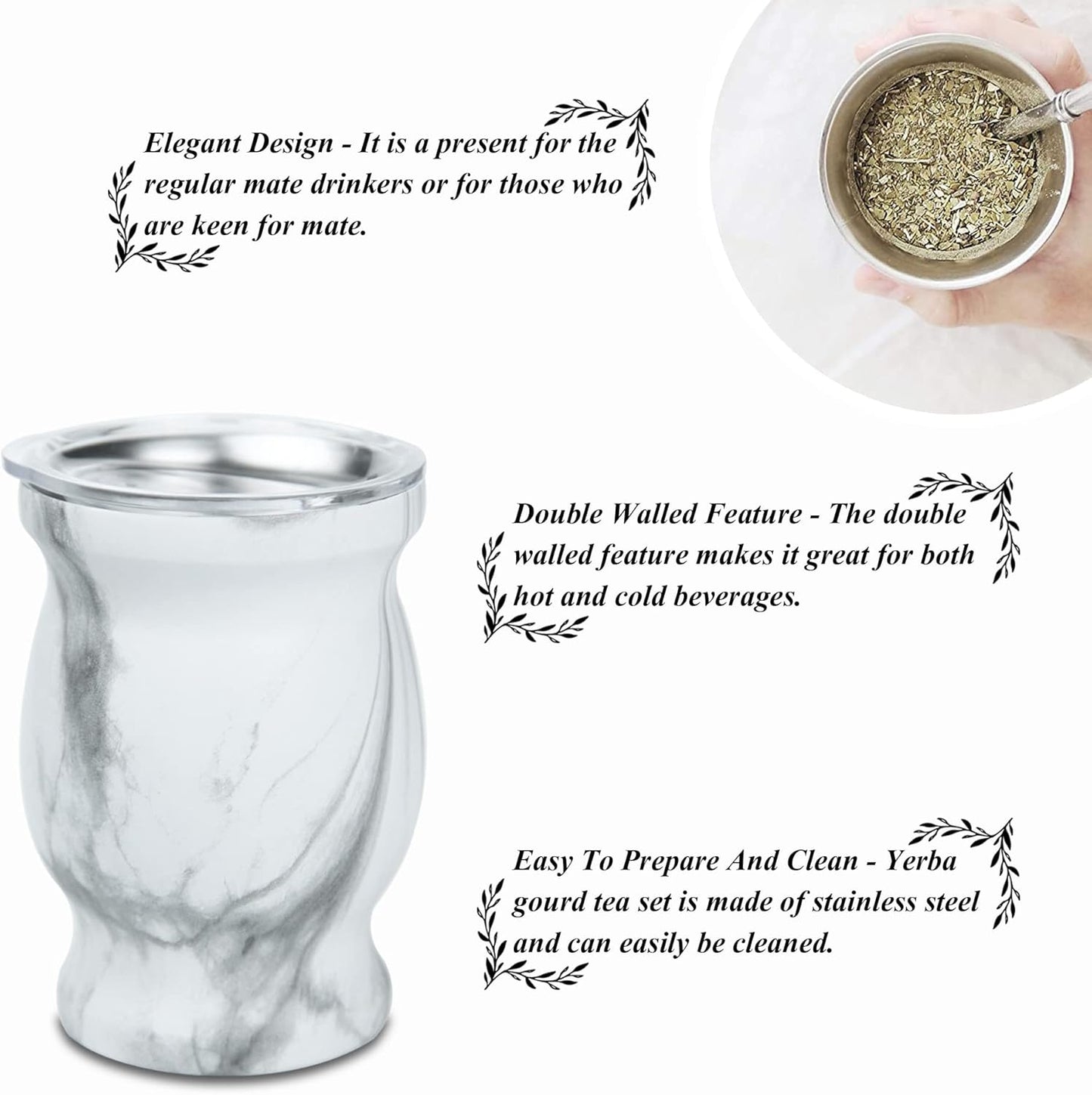 LA FEE Yerba Mate Natural Gourd/Tea Cup Set Brown (Original Traditional Mate Cup - 8 Ounces),Includes Yerba Mate Straw & Cleaning Brush,Stainless Steel | Double-Walled | Easy to Clean (White)