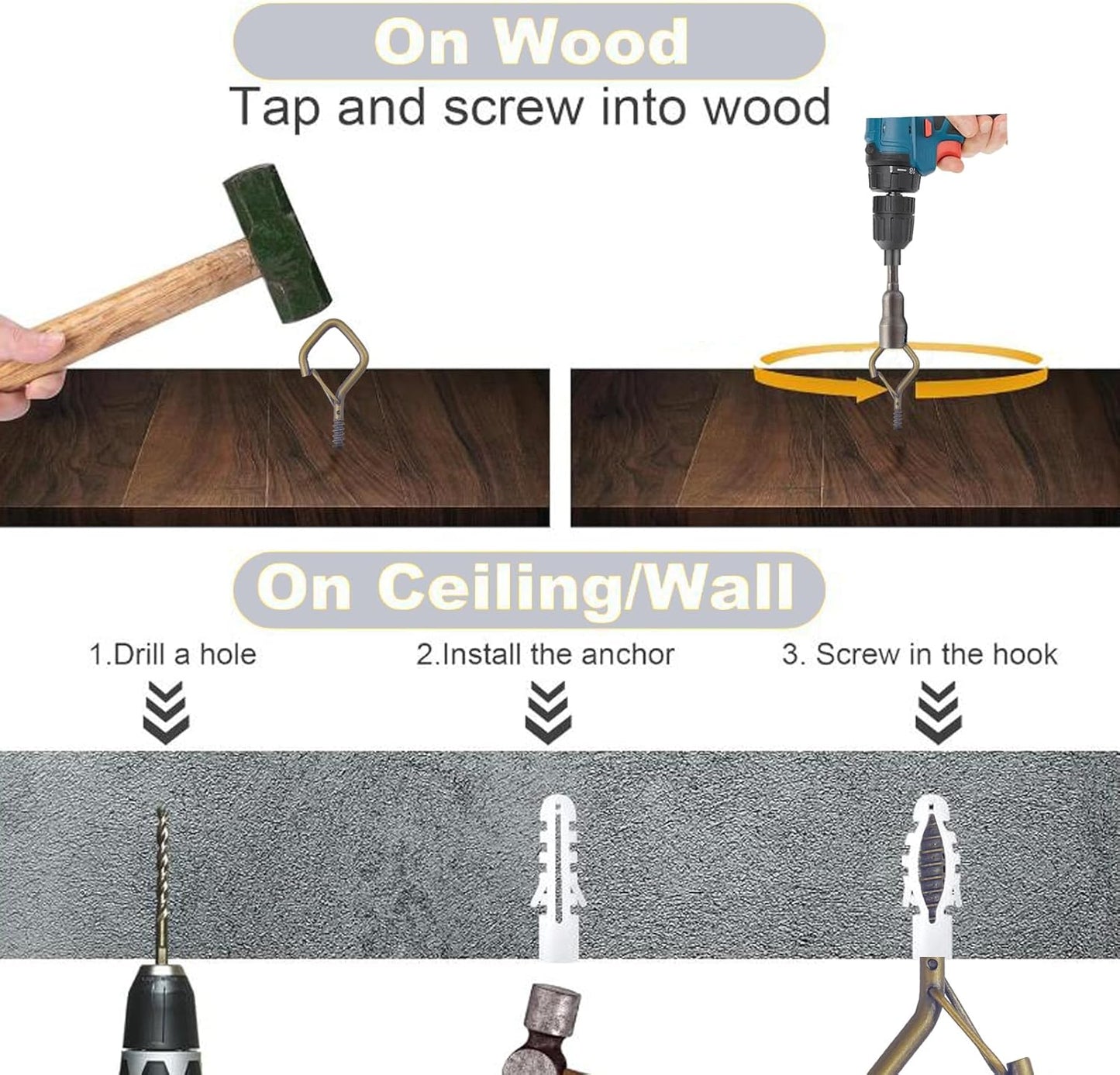 10 PCS Eye Screw Hooks for Hanging Heavy Duty with Safety Buckle.Metal Ceiling Hooks for Hanging Plants,Cup,Wind Chime,Bird Feeders,String Lights at Indoor&Outdoor,2.36 Inches Black