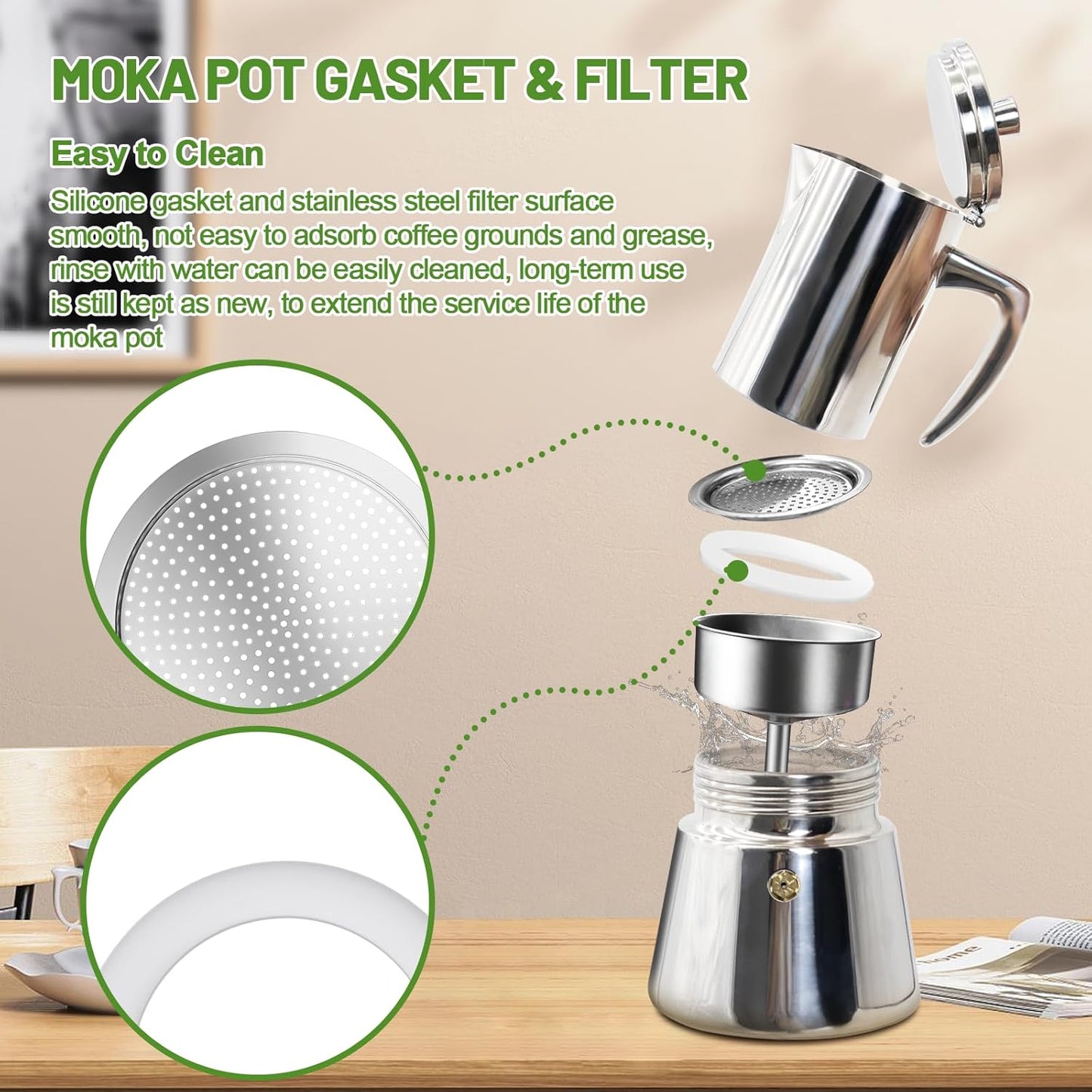 2 Pcs Filter with 3 Pcs Silicone Gasket Seals for 4 Cup Stovetop Espresso Coffee Maker Replacement Parts for 304 Stainless Steel Moka Pot