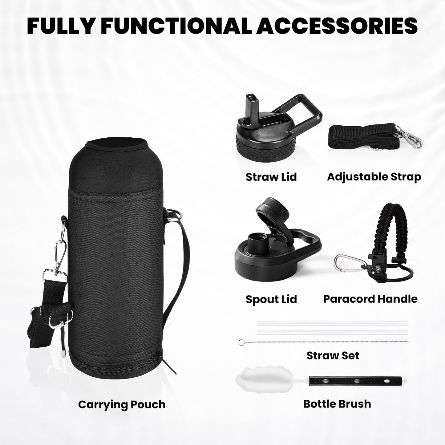 Insulated Water Bottle 40 oz, Triple Wall Vacuum Stainless Steel (Cold for 48 Hrs), Leak Proof & Non-BPA, Modern Water Flask Jug with Paracord Handle & Straw Spout Lids, Magic Black