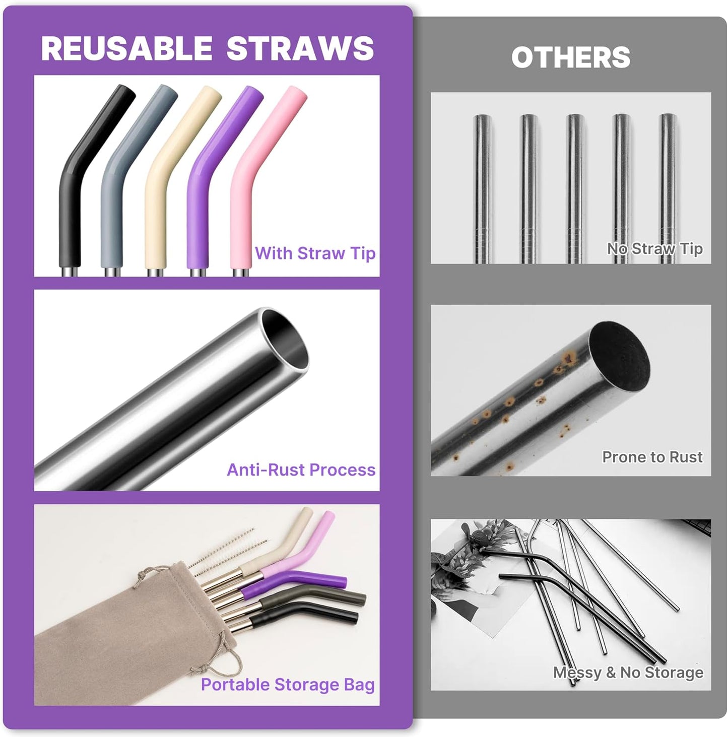 Stainless Steel Straws for 20 oz Yeti Tumbler, 5 Pcs Metal Straws Reusable with Silicone Tip for 20 oz Stanley Cup and 16 oz Glass Tumbler, Cleaning Brush, 1 Portable Bag