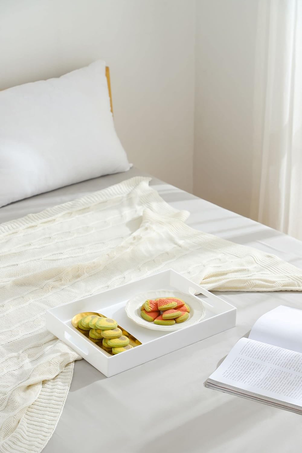 Glossy White Sturdy Acrylic Serving Tray with Handles-12x20Inch-Serving Coffee,Appetizer,Breakfast,Butler-Kitchen Countertop Tray-Makeup Drawer Organizer-Vanity Table,Ottoman Tray-Decorative