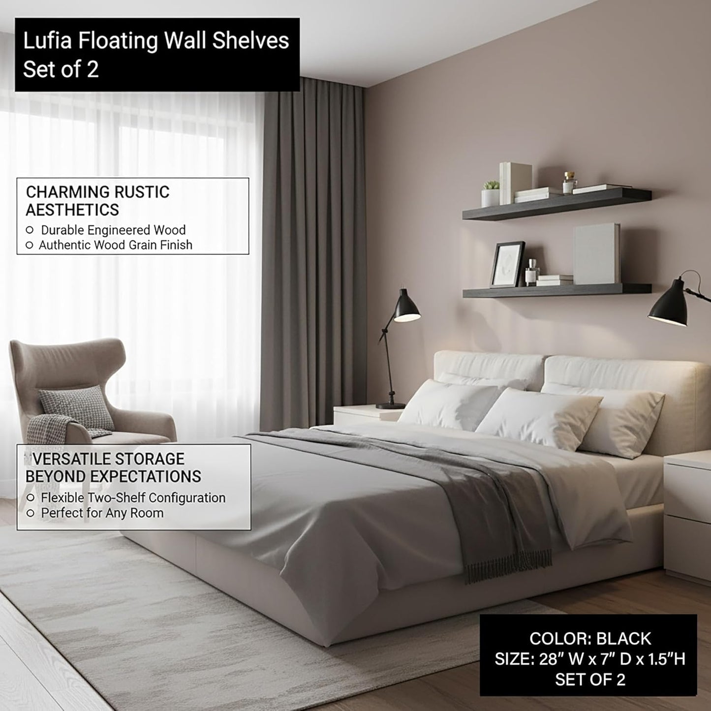 Lufia Floating Wall Shelves, Set of 2, MDF with Invisible Brackets, Modern Storage for Bedroom, Bathroom, Living Room, Kitchen (Black, 28" W X 7" D X 1.5" H)