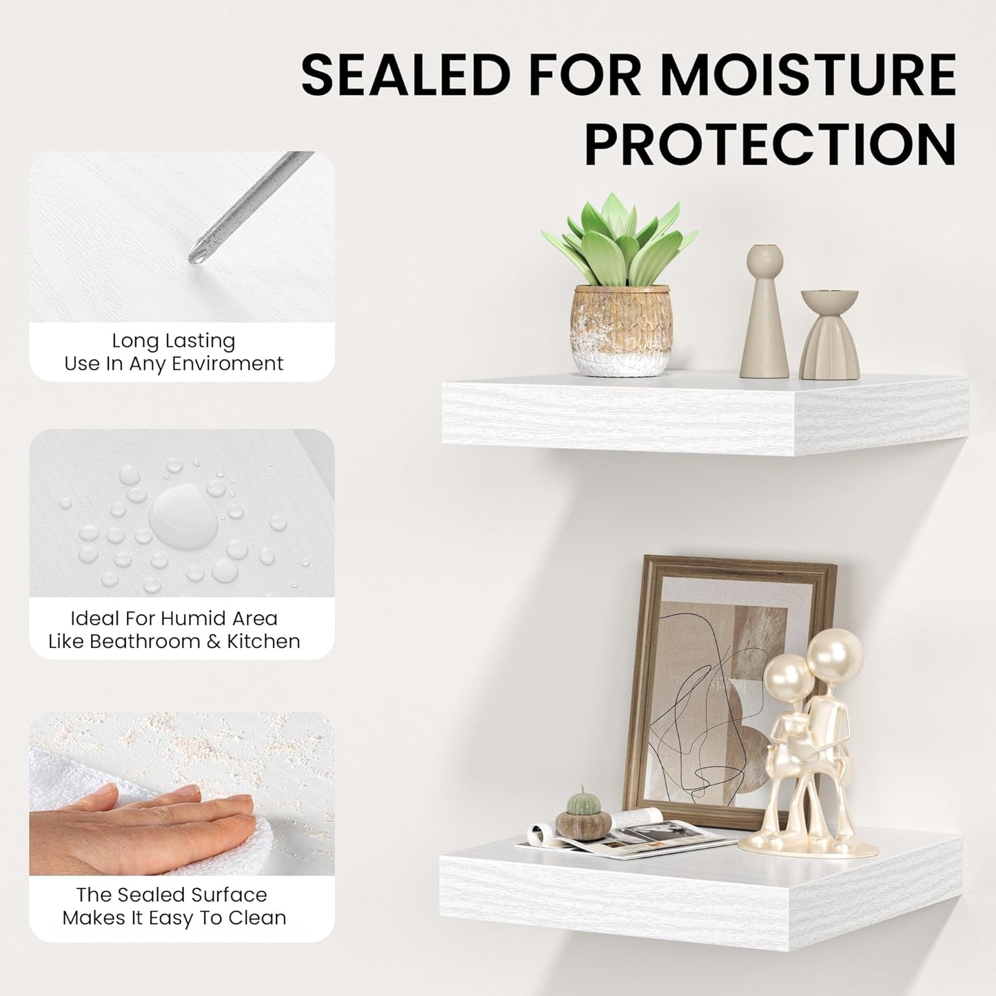 Square Floating Shelves for Wall, 8" W x 8" D x 1.2" H, Small Wooden Wall Mounted Display Shelves with Invisible Brackets for Living Room, Bedroom, Bathroom, Kitchen Decor, Set of 4, White