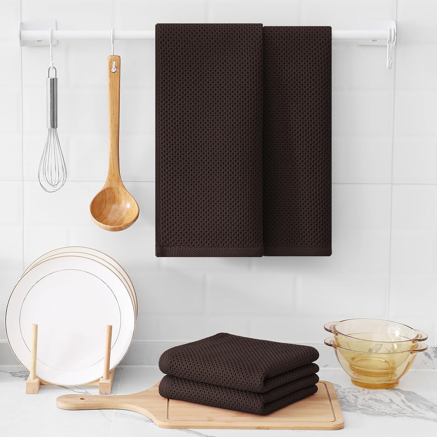 Kitinjoy 100% Cotton Waffle Weave Kitchen Towels, 4-Pack Super Soft and Absorbent Dish Towels for Drying Dishes, Kitchen Hand Towels, 13 in x 28 in, Dark Brown