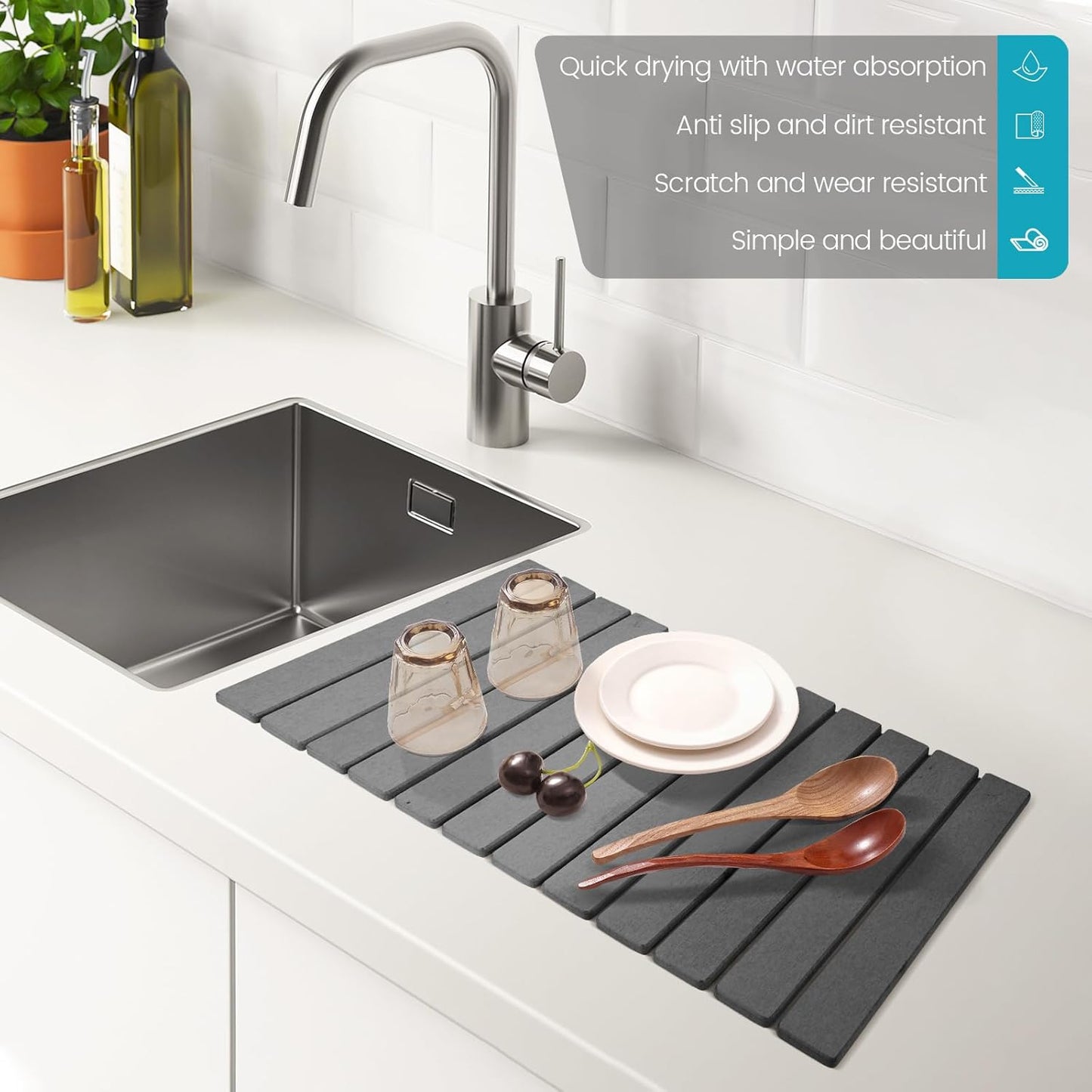 Extral Large Quick Dry Stone Drying Mat for Kitchen Counter,28"(L)x16"(W) Collapsible Eco-Friendly Absorbent Diatomaceous Earth Mat for Dishes Cups,Dish Drying Mats for Any Countertop 