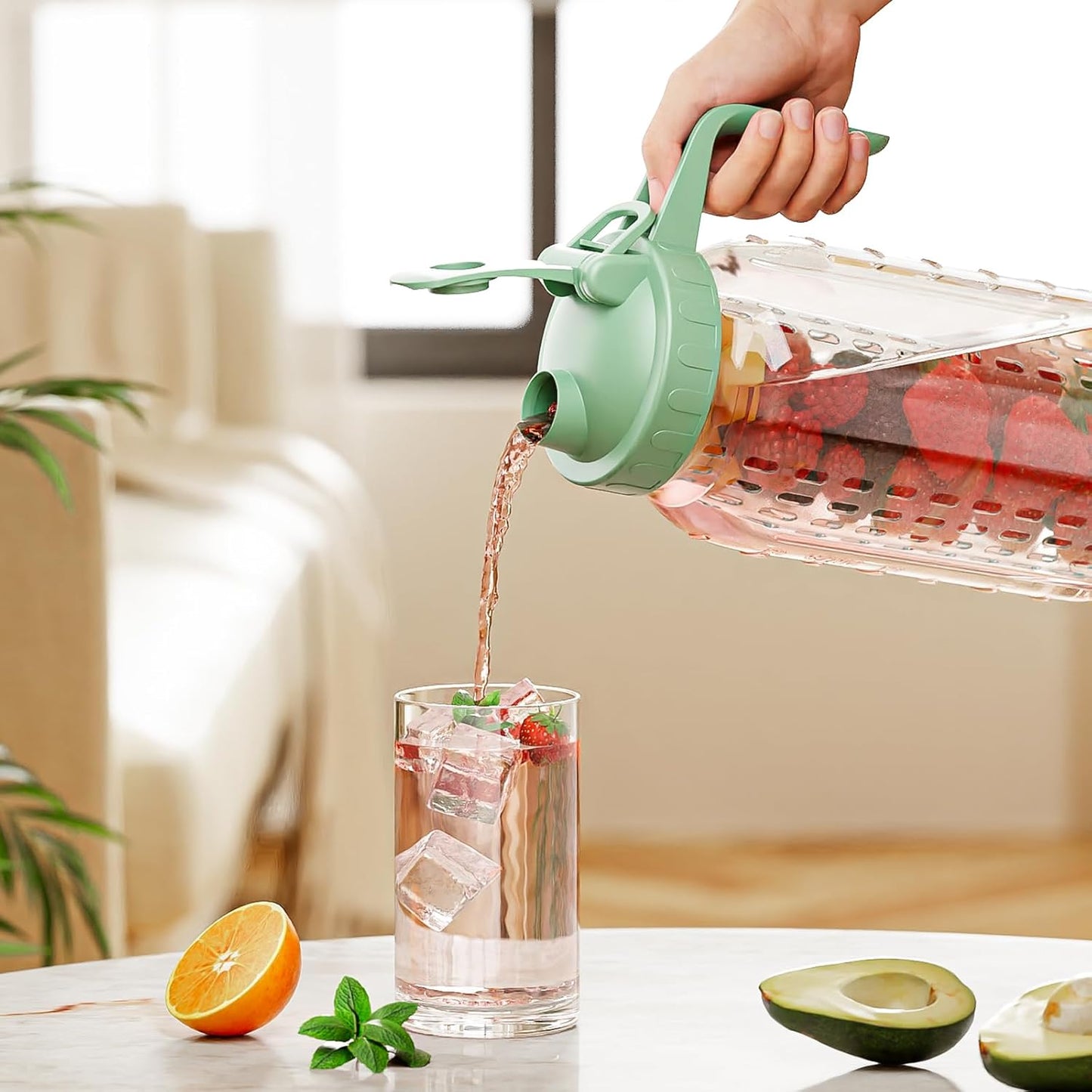 Fruit Infuser Water Pitcher,Glass Mason Jar Pitcher,64oz(2 Quart) Wide Mouth Jug with Pour Spout Handle Lid for Fruit Drinks,Cold Brew Coffee,Ice Beverage,Iced Juice,Lemonade,Sun Tea Container