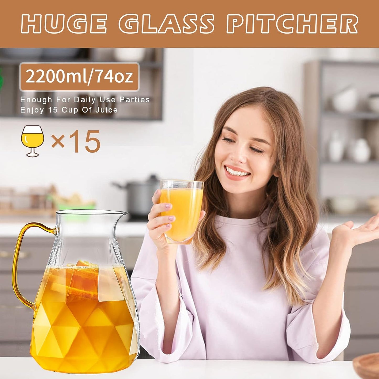 Yirilan Glass Pitcher,74oz/2.2 Liter Water Pitcher with Lid,Beverage Serveware,Iced Tea Pitcher,Water Carafe Handle,Heat Resistant Borosilicate Jug(with Mixing Spoon and Cup Brush)