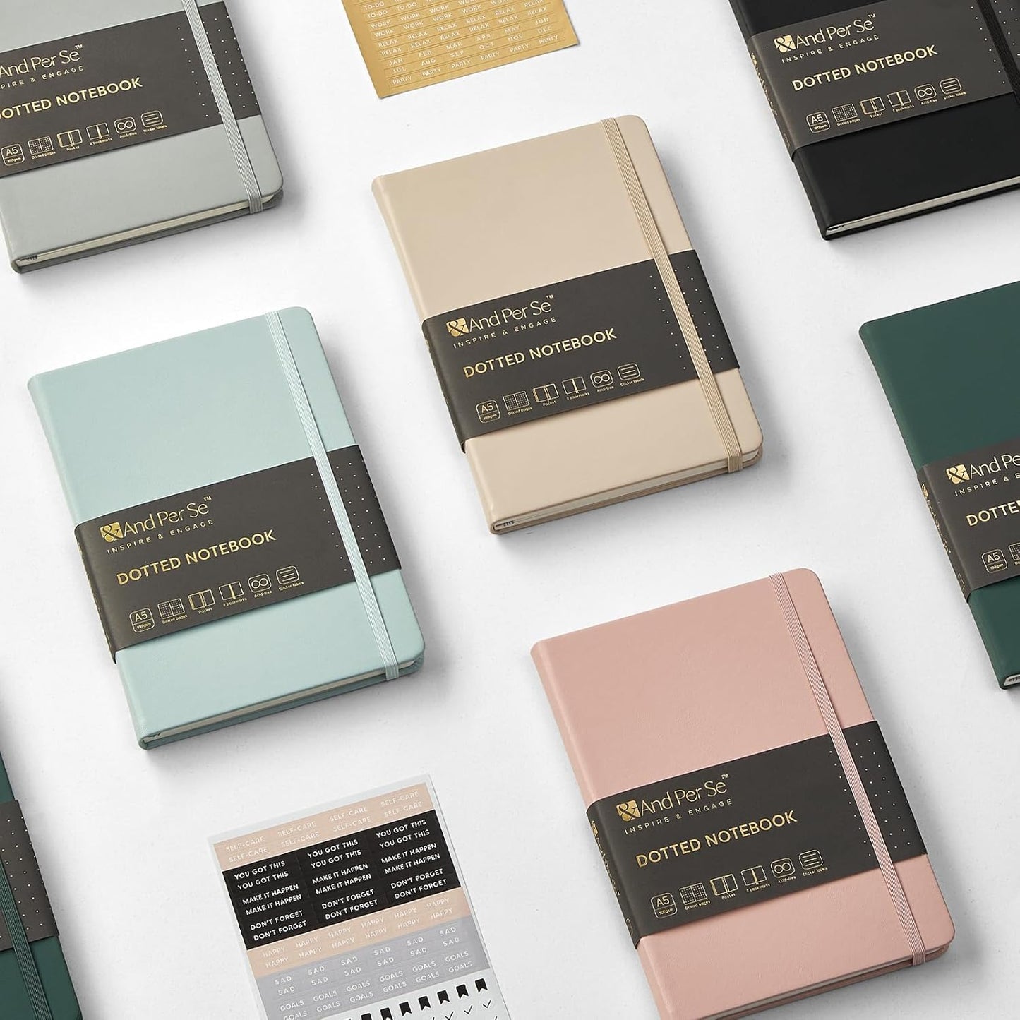 &And Per Se Dotted Journal Notebook (5 Packs), A5 Hardcover Leather Dotted Journal, 160 Pages 100 gsm Thick Paper, 3 Sheets of Stickers Included- 5.7'' x 8'' (Light Apricot