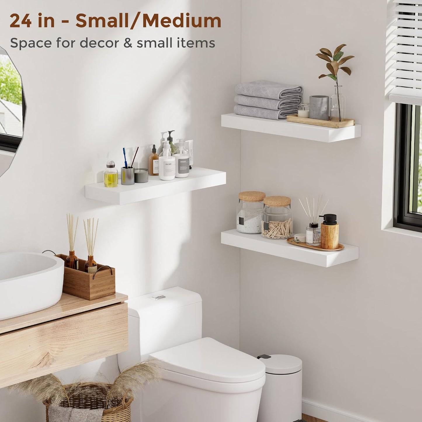 Heimlove 36 Inch Floating Shelves for Wall 8 Inch Deep White Shelves Set of 2,Wall Mounted Rustic Wood Long Floating Shelf with Invisible Brackets for Bedroom Kitchen Living Room