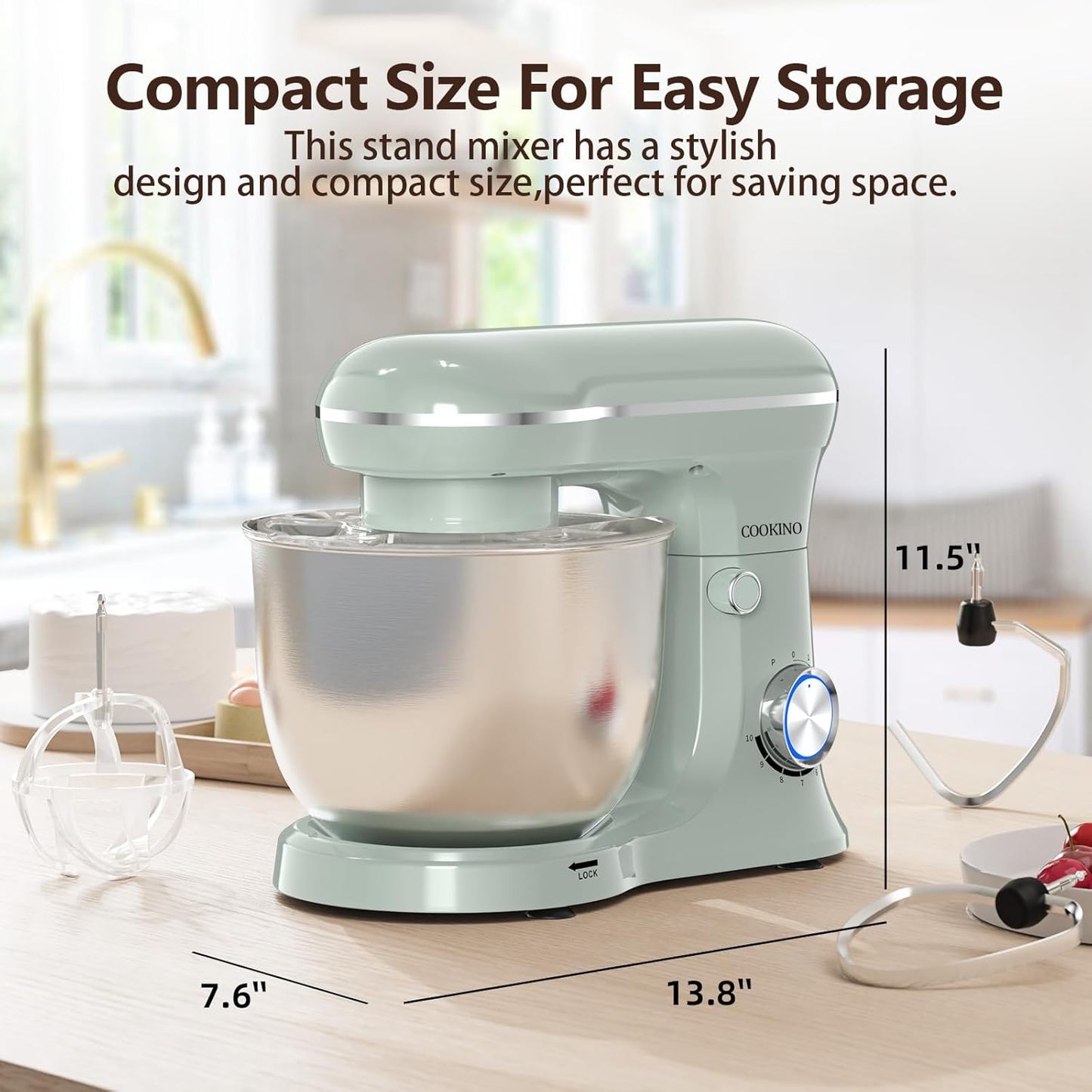 Electric Stand Mixer,660W 10 Speeds Tilt-Head Food Mixer, 3-IN-1 Kitchen Mixer for Daily Cooks with 6.5 QT Bowl,Dough Hook, Beater, Whisk (Morandi Green)