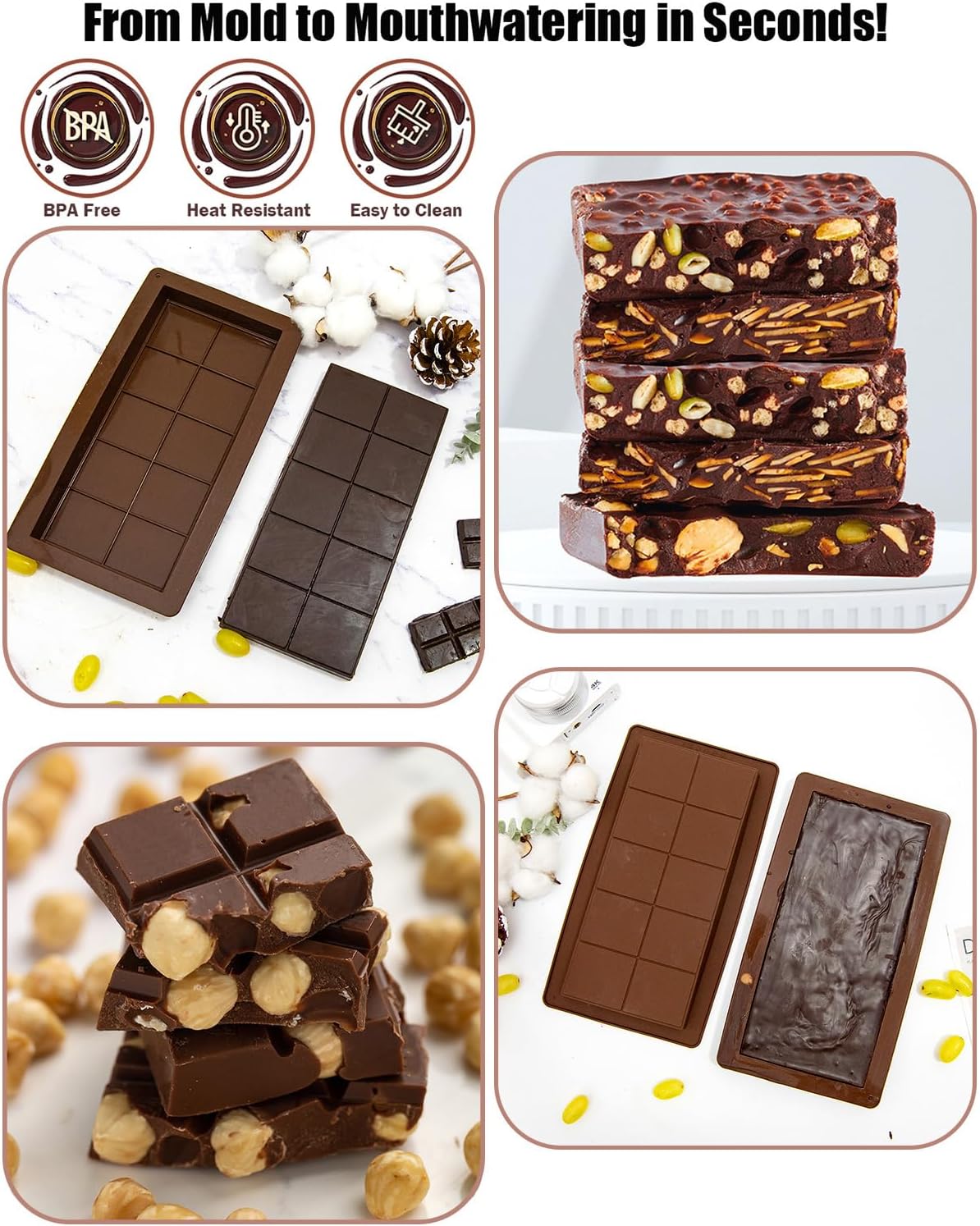 LGQUK Dubai Chocolate Bar Mold Silicone Chocolate Bar Molds, Deep Rectangular, 2 Pack, Large Size for Stuffed Bars (2PCS Deep Size)