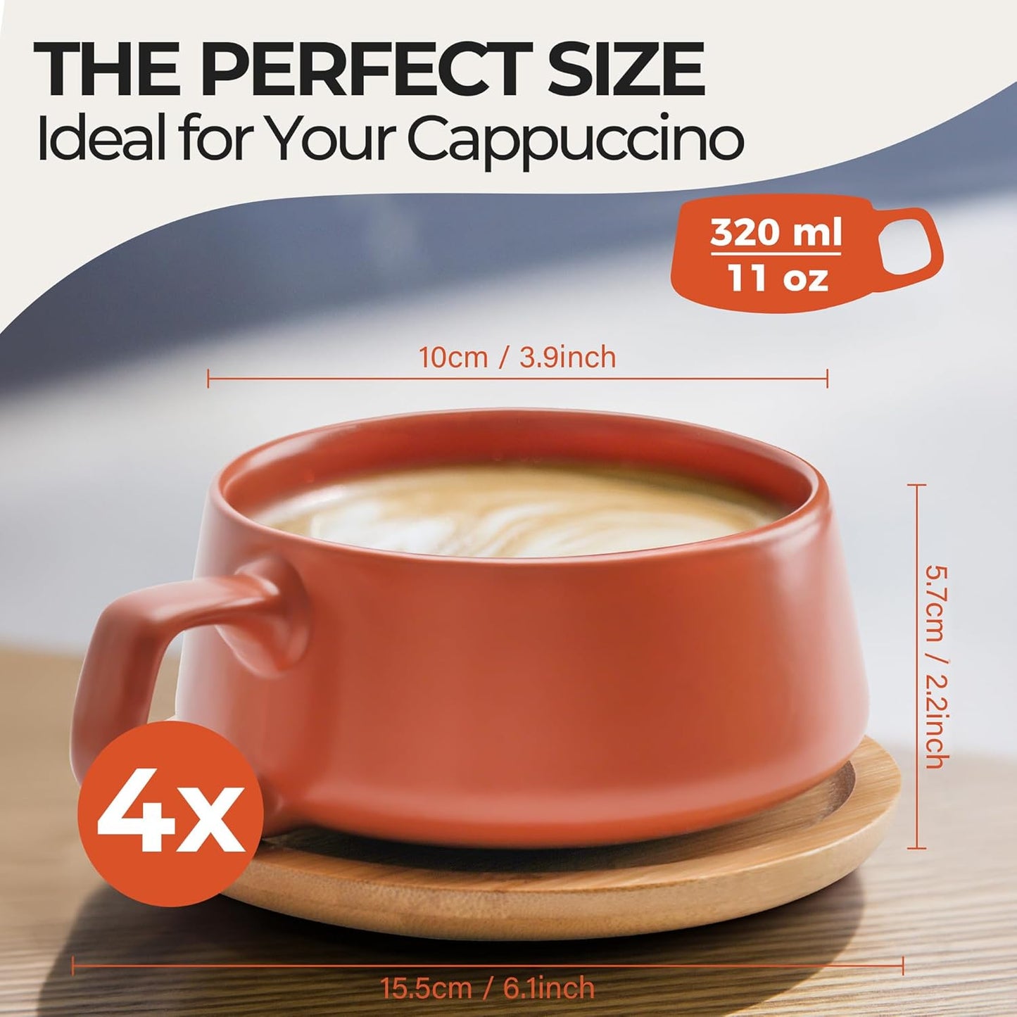 MIAMIO β 11 Oz., Set of 4 Ceramic Tea Cup and Saucer Bamboo/Tea Mug - Wide Cappuccino Cup, Coffee Cups Ceramic Mug for Cappuccino, Latte, Espresso & Americano - Luxe Collection (Beige Pastel)