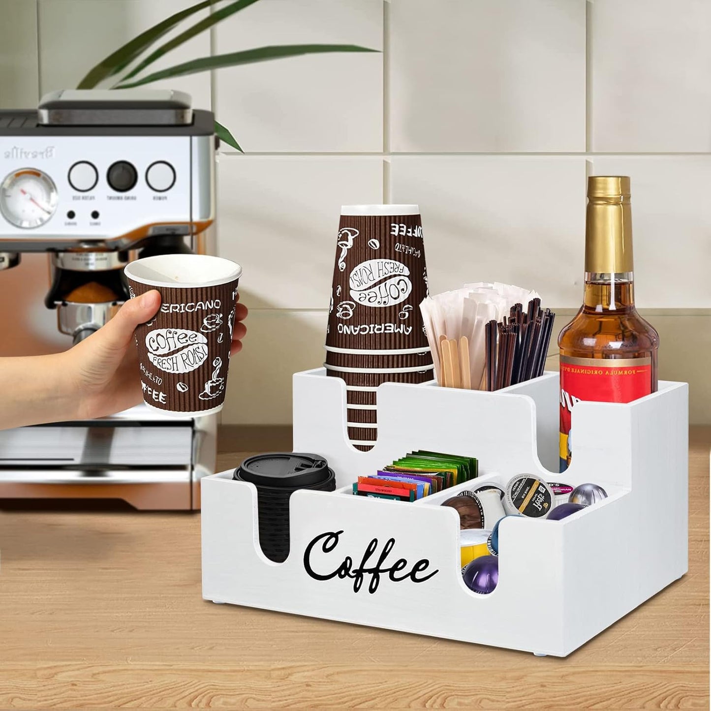 Wooden Coffee Station Organizer - 6 Compartment Lid Holder for Counter, Dispenser for Paper Cups, Condiment Storage