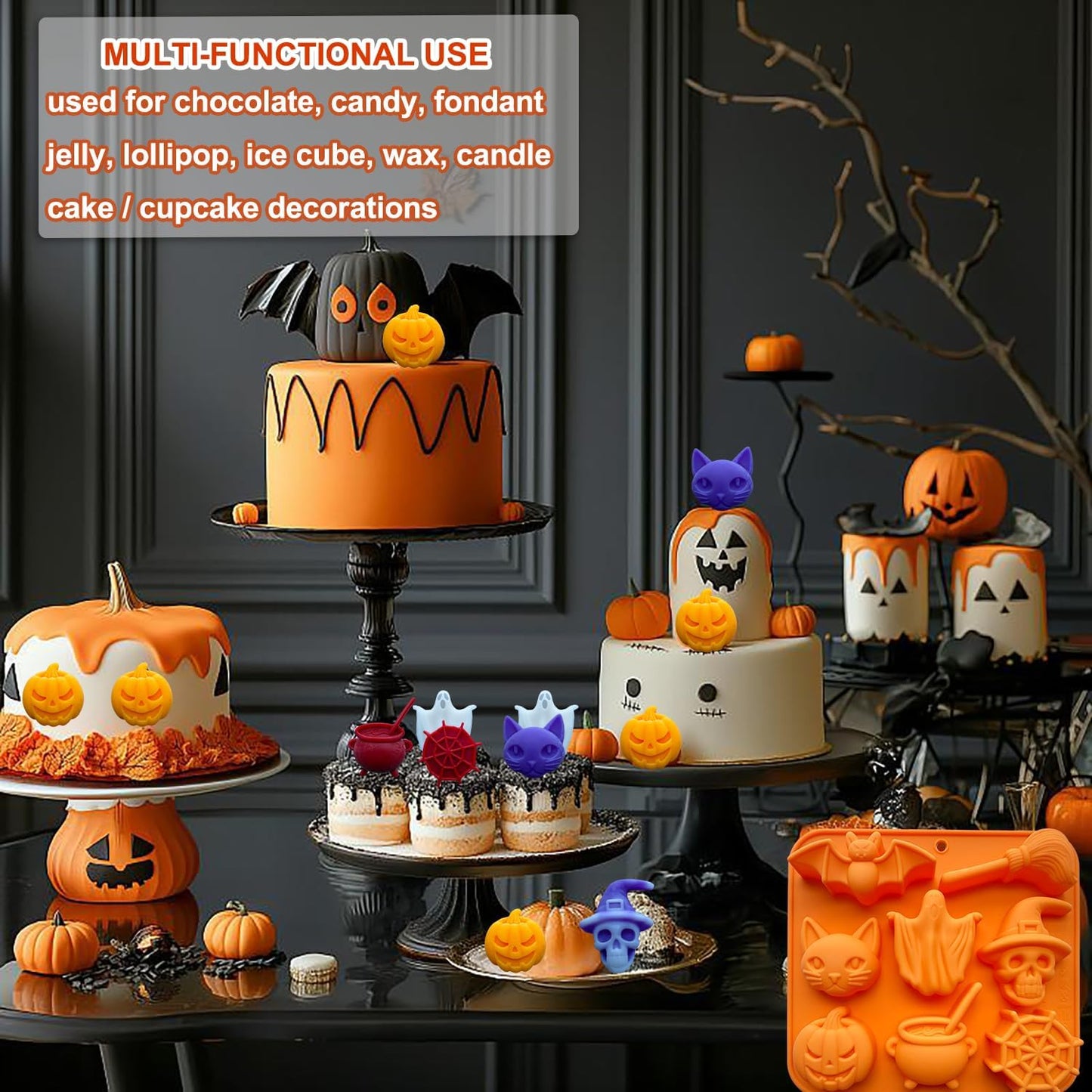 2 Pack Halloween Chocolate Candy Silicone Mold Halloween Molds Ghost Pumpkin Bat Skull Witch Hat Gummy Fondant Baking Mold for DIY Ice Cube Sugar Halloween Party Cupcake Cake Decorating