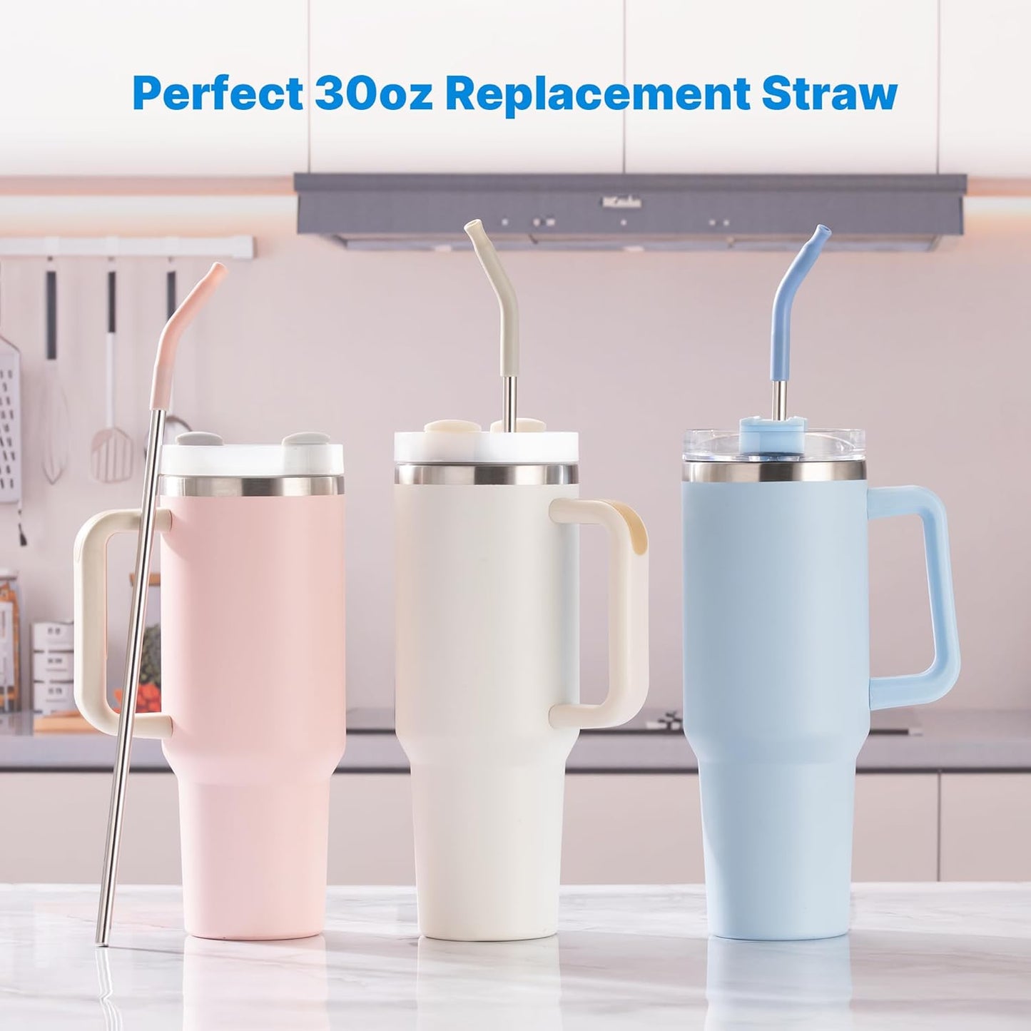 Metal Straw with Silicone Tip for 30oz Stanley Cup, 2 Pcs Stainless Steel Straws Replacement for Stanley 30 oz Adventure Quencher Travel Tumbler Cup, 1 Straw Brush (Light Blue)