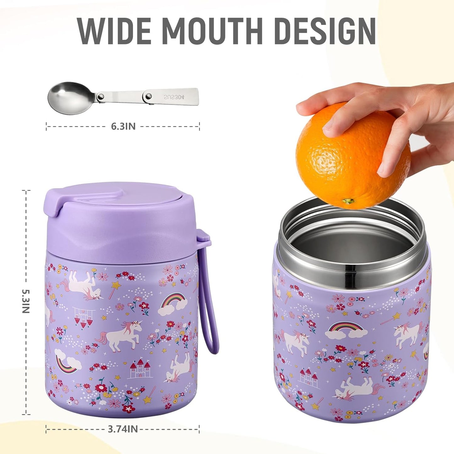 17oz Soup Thermo for Hot Food Kids Insulated Vacuum Food Jar with Stainless Steel Spoon Wide Mouth Thermo Leakproof Lunch Food Container Kids Hot Lunch Box (Purple-Horse)