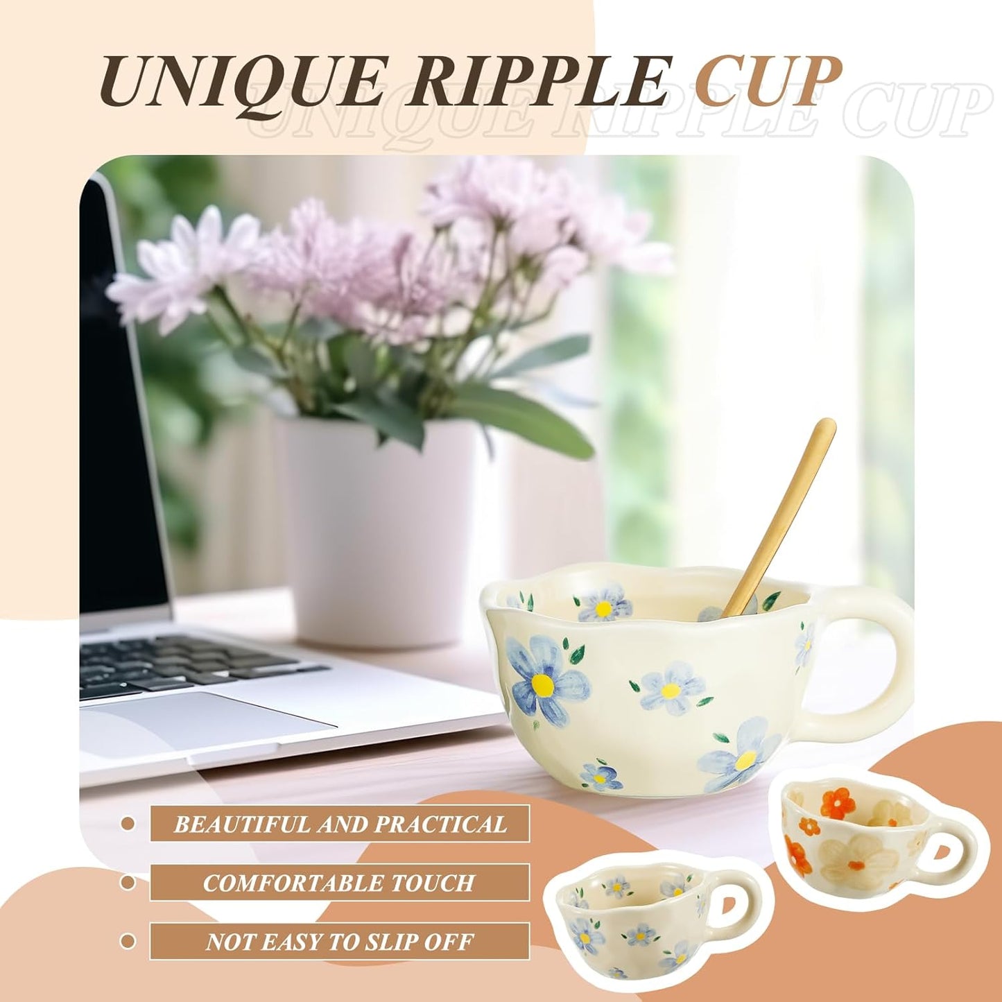 Vesici 2 Pcs Ceramic Coffee Mugs Flower Cups with Spoon Vintage Floral Mugs with Handle 8.5 oz Aesthetic Tea Porcelain Cup Gift for Valentine Office Home, Dishwasher and Microwave Safe(Vivid)