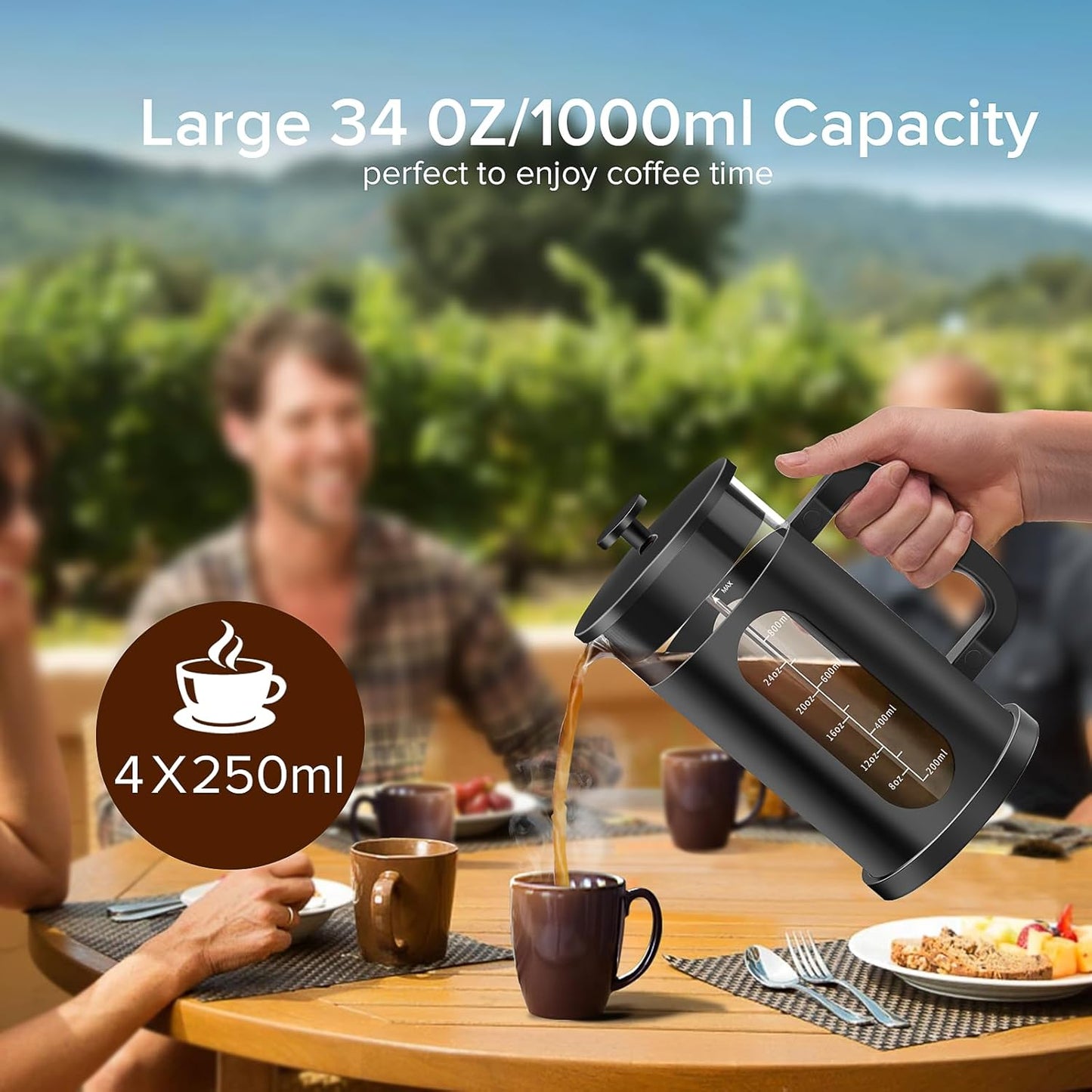 QUQIYSO French Press Coffee Maker, 304 Stainless Steel French Press with 4 Filter, Heat Resistant Borosilicate Glass, Easy to Clean, BPA Free Coffee Press Rust-Free Coffee Maker, 34 ounce, Black