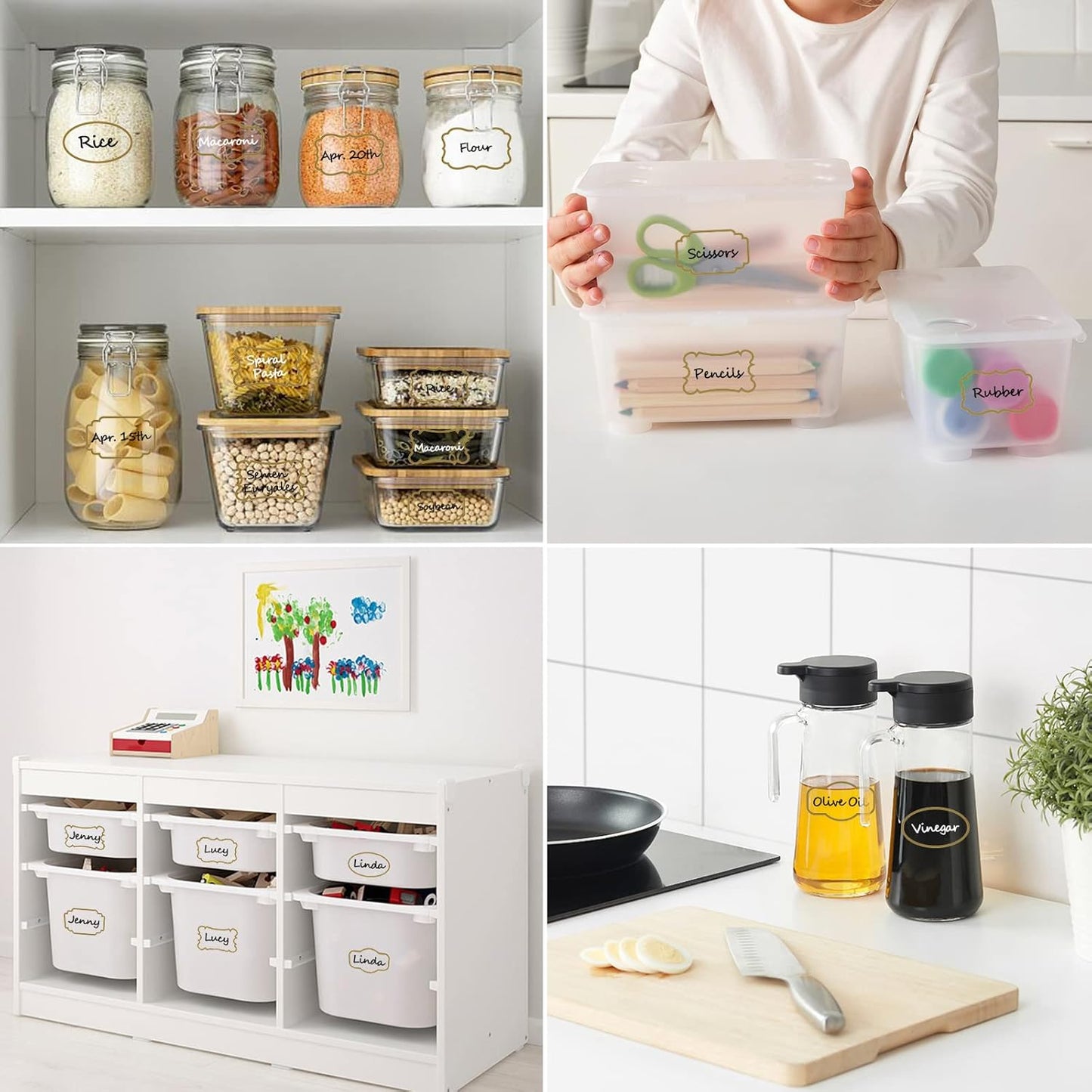 Kitchen Pantry Food Containers Clear Labels with Gold Border, 93 Waterproof Removable Write-on Sticker Labels Tags to Organize Spice Jars Condiment Flour Sugar Canisters Storage Bins, Free 2 Markers