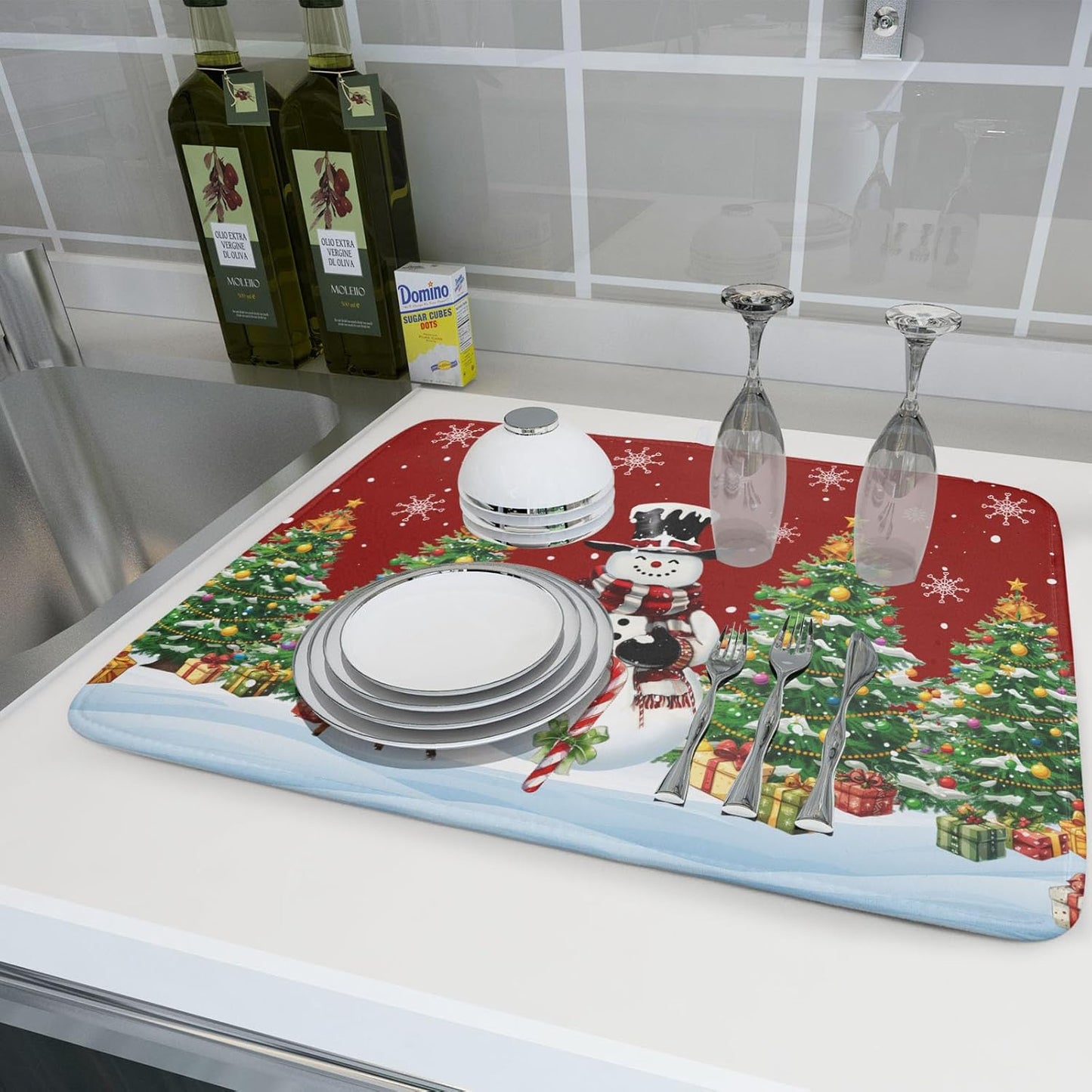 Christmas Snowman Dish Drying Mat for Kitchen Counter,Christmas Tree Winter Snowflake Red Drying Mat 18 x 24 Inch with High Absorbent Reversible Microfiber Dish Drying Pad Drainer Mat for Coffee Bar