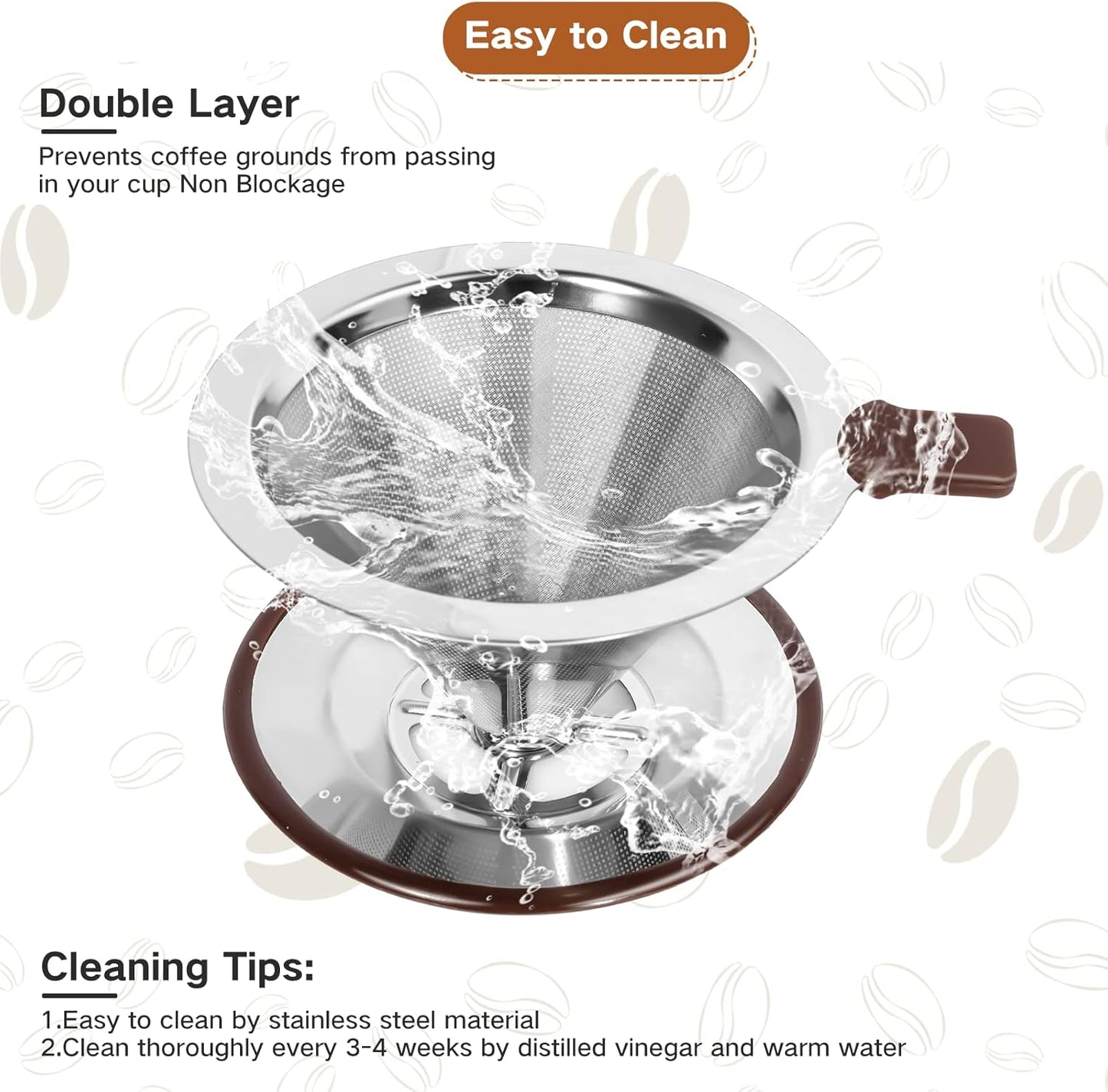 Pour Over Coffee Dripper,Reusable Stainless Steel Drip Cone Coffee Filter, Update Double Ultra Fine Micro Mesh Filter, Professional Paperless Drip Brew Coffee Cone Maker with Cup Stand,1-2 Cup