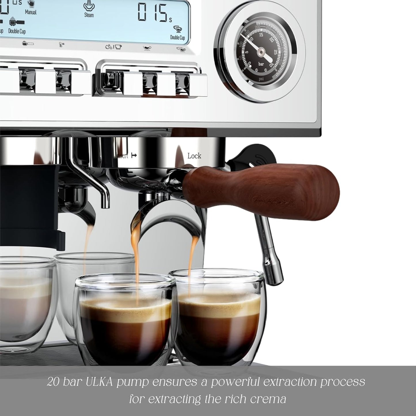 Espresso Machine with Grinder, 58mm Dual-Boiler Semi-Commercia Coffee Maker 20 Bar Professional with Milk Frother Steam Wand for Cappuccino, Barista LCD Display for Home, Stainless Steel