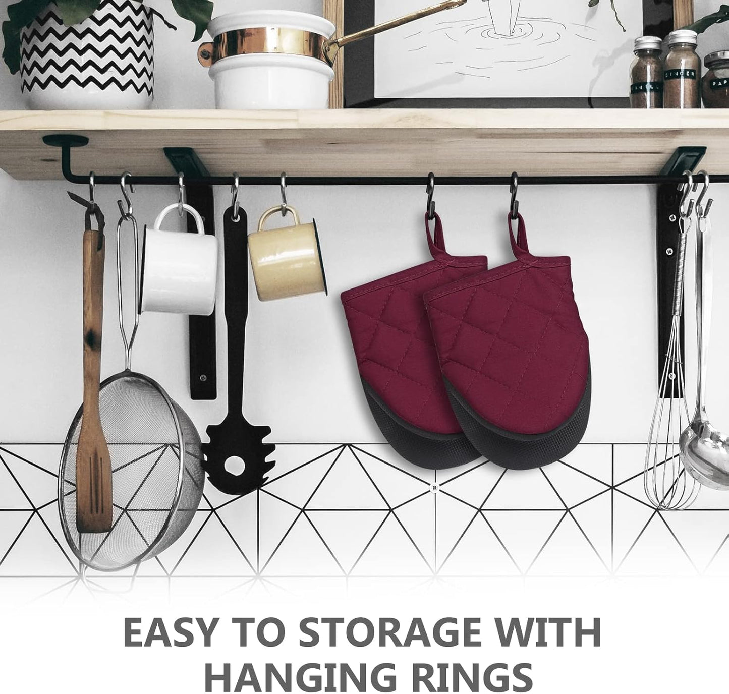 Qulable 1 Pair Short Oven Mitts - Silicone Kitchen Oven Gloves High Heat Resistant 500℉, Mini Oven Mits with Non-Slip Grip Surfaces and Hanging Loop for BBQ, Baking, Cooking and Grilling (Dark Red)