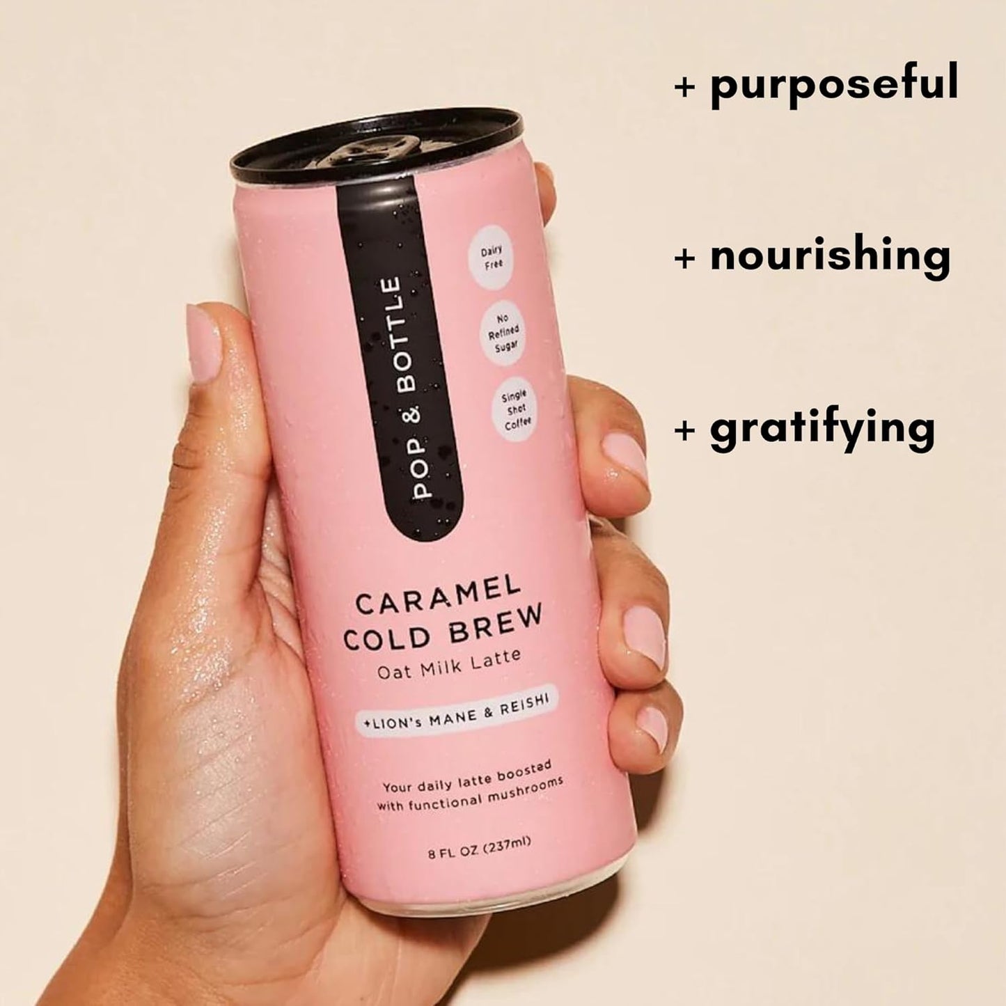 Pop & Bottle, Oat Milk Lattes - Cold Brew with Lions Mane & Reishi, MCT Oil, Single Shot Cold Brew, Mushrooms, Organic, Dairy Free, Gluten Free, Great as Iced Coffee, Lightly Sweetened with Dates - Caramel, 8 Fl Oz (12 Pack)