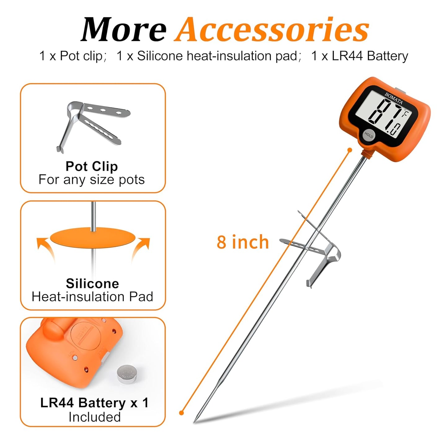BOMATA Candy Thermometer with Pot Clip, Instant Read Cooking Thermometer with 8" Long Probe, Rotating Display, for Candy Making, Food, Candle Making, Liquids, Water, Baking, Sugar, Grilling. Orange
