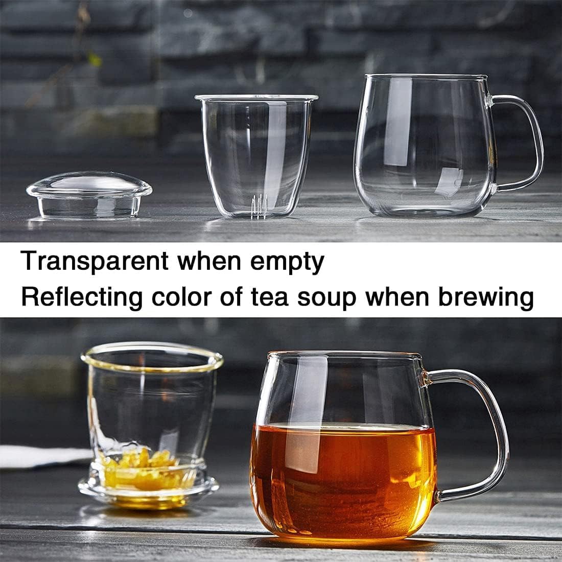 Glass Teacups 2 Pack Glass Tea Cup with Infuser and Lid, 17.6oz/520ml Large Borosilicate Teacup,Tea Clear Mug Cup for Loose Leaf Blooming Tea, Microwave & Dishwasher Safe