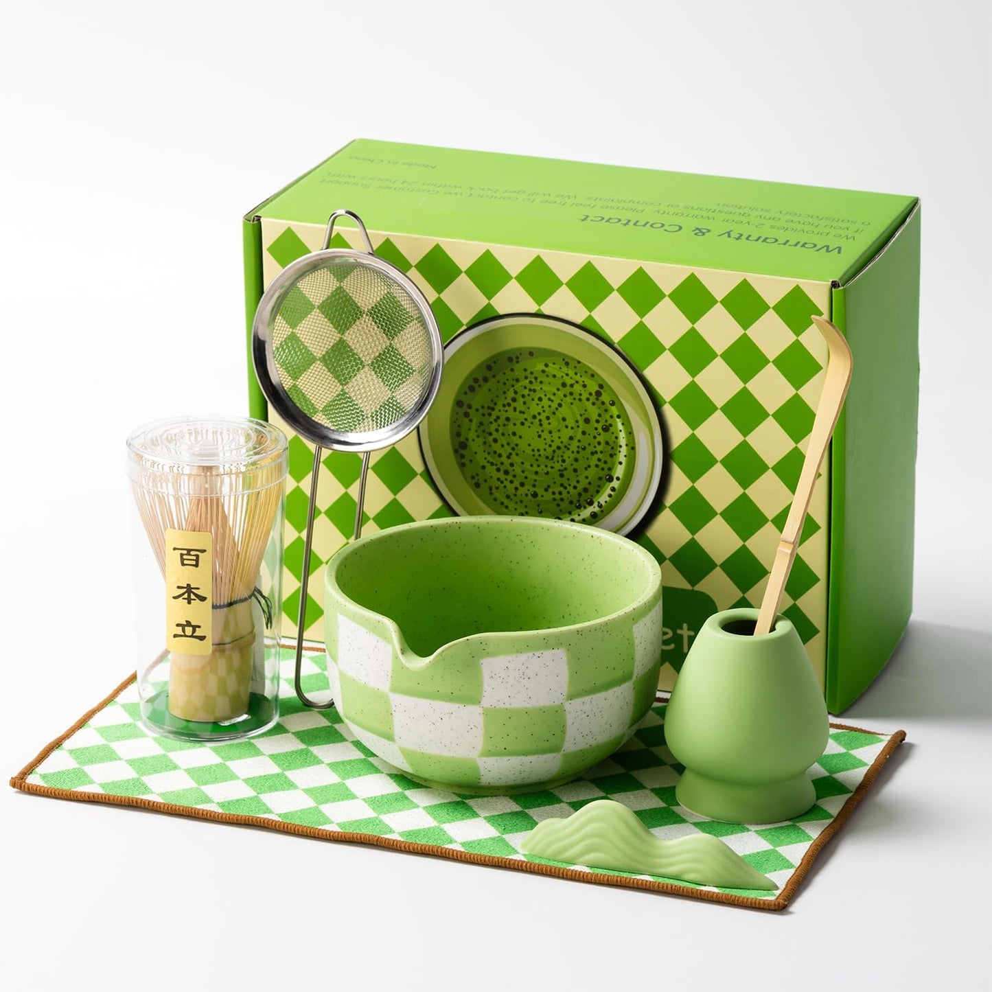 7pcs Traditional Matcha Tea Ceremony Set, green Ceramic Bowl with Bamboo Whisk, Holder and Strainer (Green grid) Elegant Matcha Set for Gifting and Personal Use, Gift Box Packaging