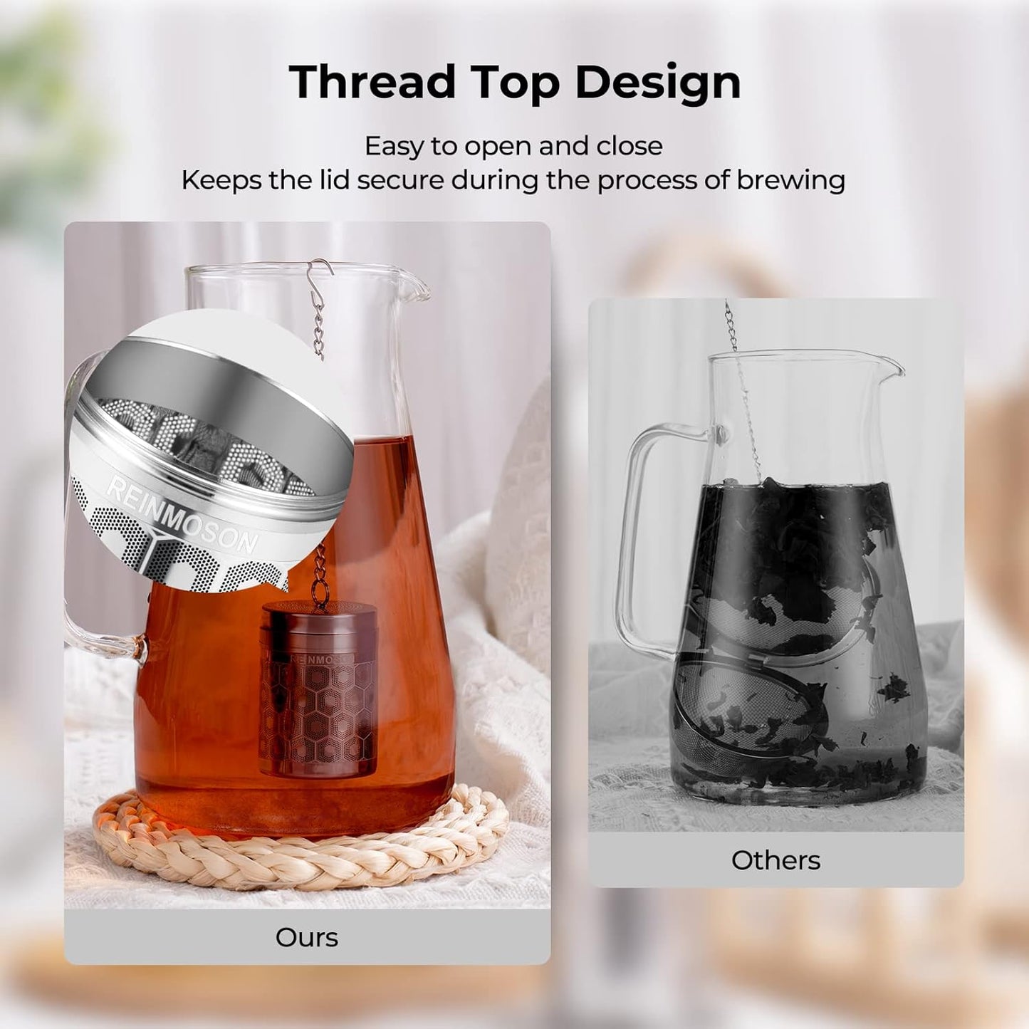 Reinmoson Tea Strainers for Loose Tea, Extra Fine Mesh Tea Infuser, 304 Stainless Steel & Updated Slim Threaded Lid, Loose Leaf Tea Steeper for Black Tea, Rooibos, etc