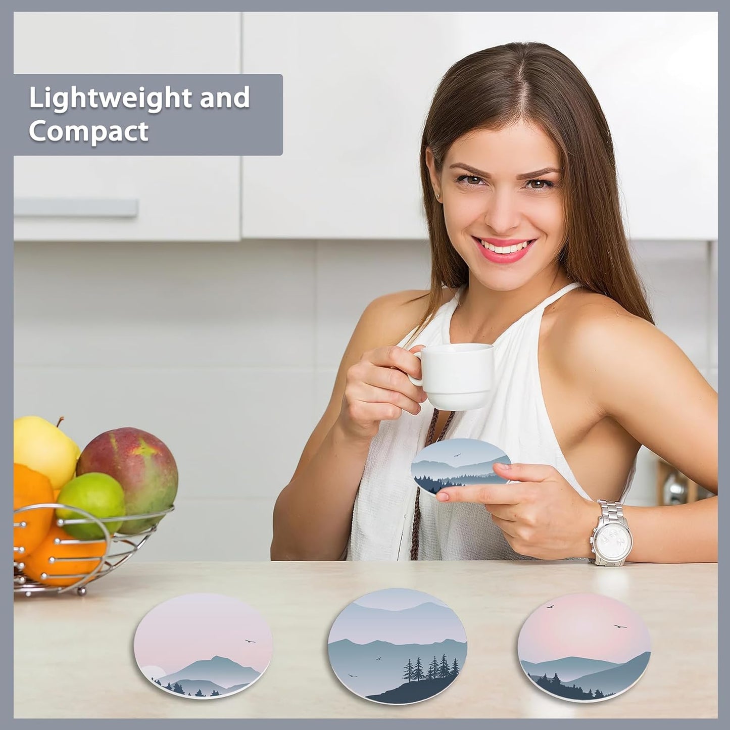 Drink Coasters Set of 6 with Holder,Misty Forest Mountains and Birds Absorbent Ceramic Coasters with Cork Base,Fit All Cups,Tabletop Protection Mat for Mugs and Cups,Office,Kitchen