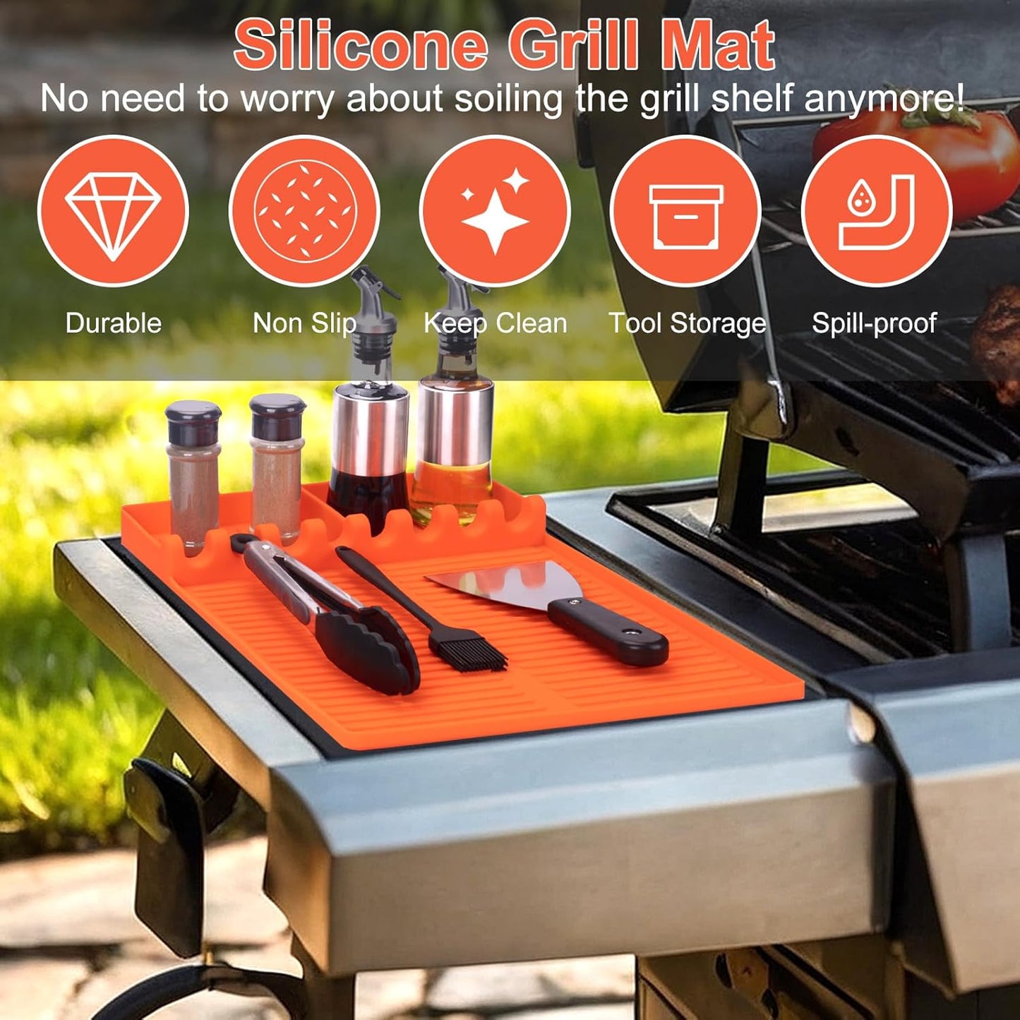 GOSALISU Silicone Grill Mat for Blackstone, Reusable Griddle Tools Mat with Drip Pad, Spatula Mats for Outdoor Grill Kitchen Countertop, Barbeque Accessories (Orange)