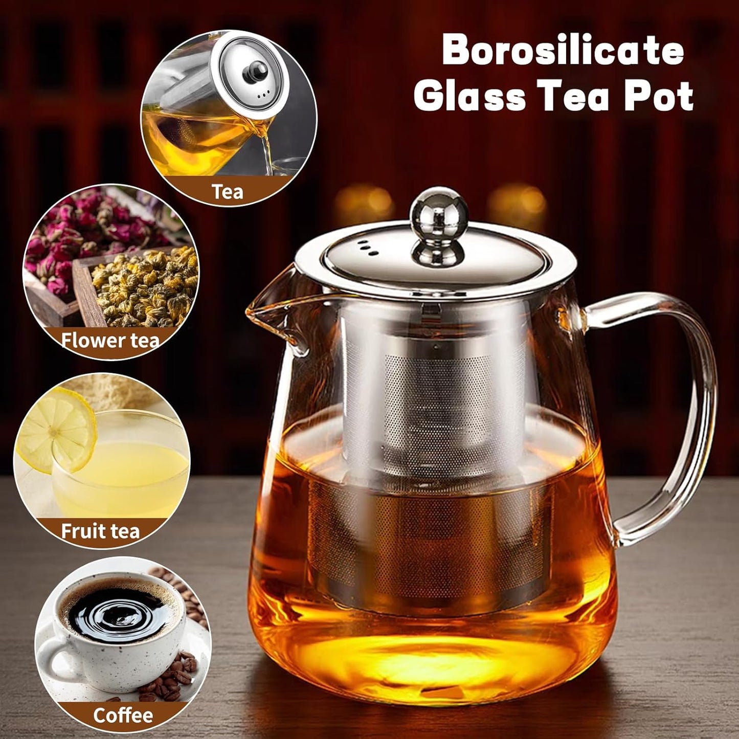 Glass Teapot, Tea Pot with Removable Infusers for Loose Tea, Borosilicate Glass Tea Kettle Tea Maker Stovetop for Party, Camping,Travel (950ML)