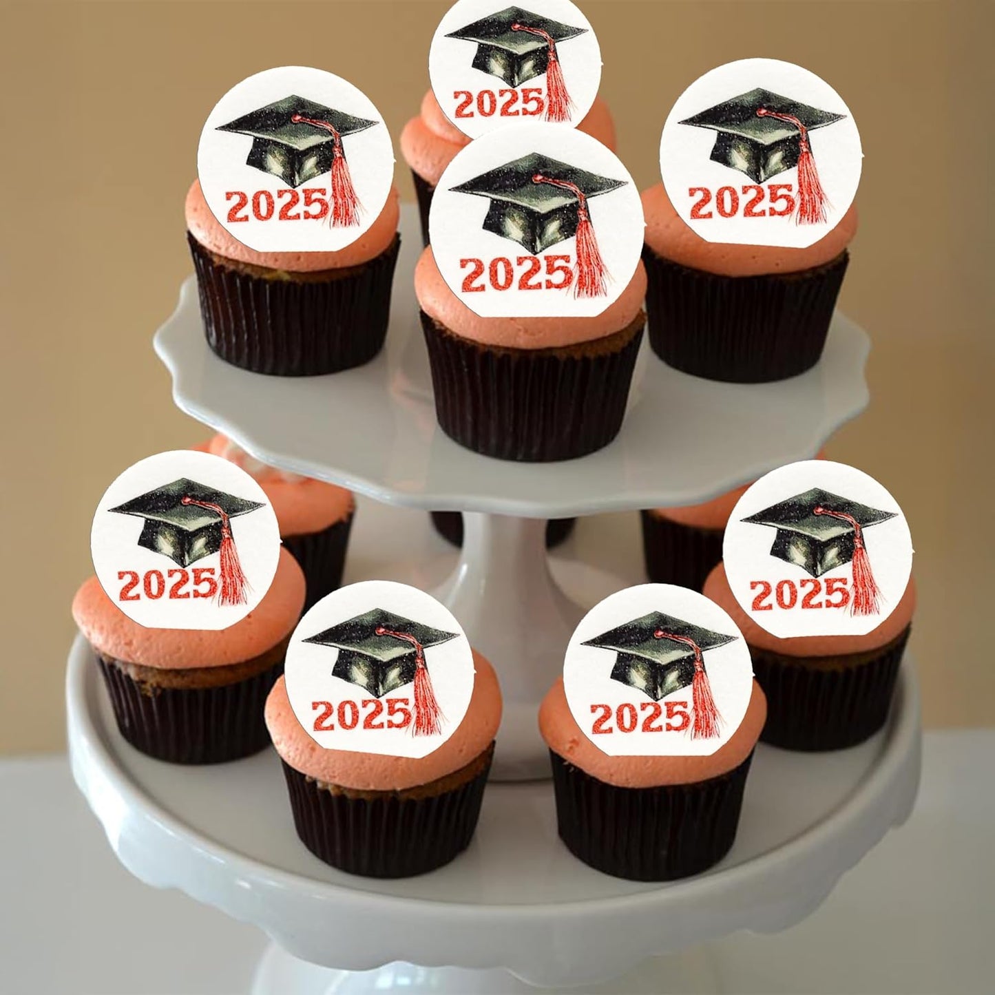 Gyufise 48Pcs Edible 2025 Graduation Cap Cupcake Toppers Wafer Paper Class of 2025 Grad Cap Cupcake Picks for 2025 Graduation Theme Party Cake Decorations Supplies Red