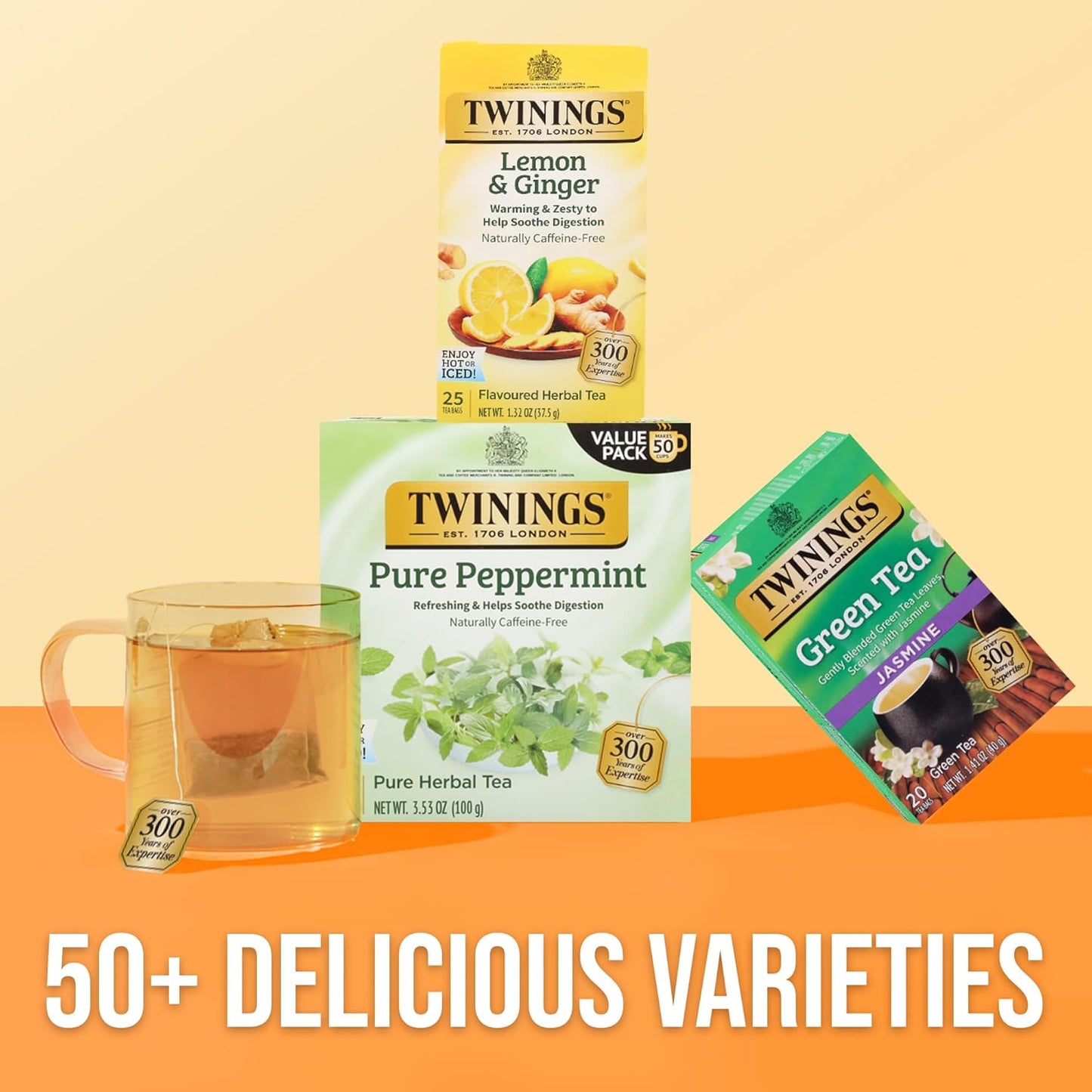 Twinings Lemon & Ginger Herbal Tea Individually Wrapped Bags, 25 Count (Pack of 6), Spicy Ginger, Lemon Peel, & Lemongrass, Naturally Caffeine-Free, Enjoy Hot or Iced, 150 Teabags