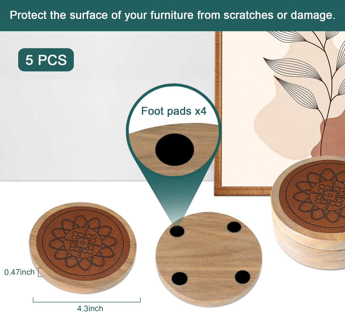 5 Pack Wood Coasters for Drinks, Minacun Absorbent Coaster Set, Drinks Coasters for Coffee Tabletop Protection, Non-Slip, Non-Stick, Suitable for Kinds of Cups Wooden Table Drink, 4.3 Inch Brown