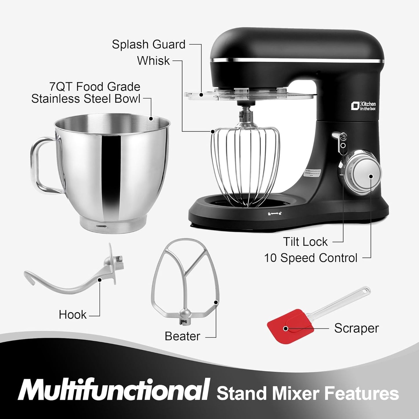 Kitchen in the box 7QT 900W 10-Speed Stand Mixer, Tilt-Head Kitchen Electric Mixer with Dough Hook, Whisk & Flat Beater(Onyx Black)