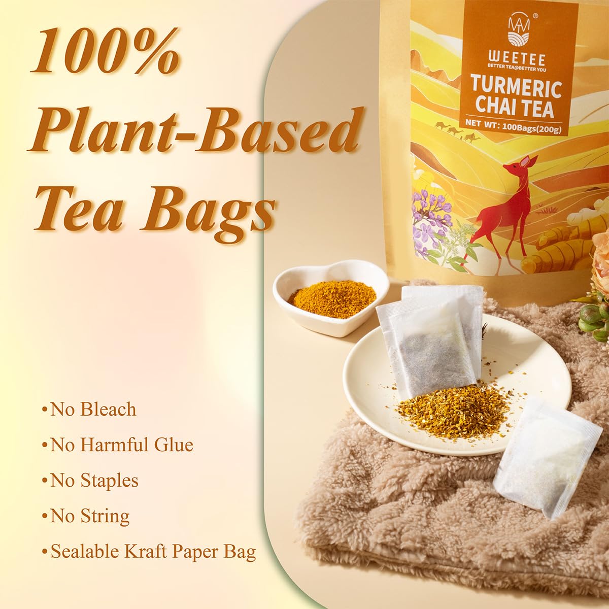 WT WEETEE Turmeric Chai Tea Bags, 2g x 100 Count, Caffeine-Free Turmeric Spiced Chai Tea, Includes Cinnamon, Licorice, Ginger Root, Cardamom, Cloves & More