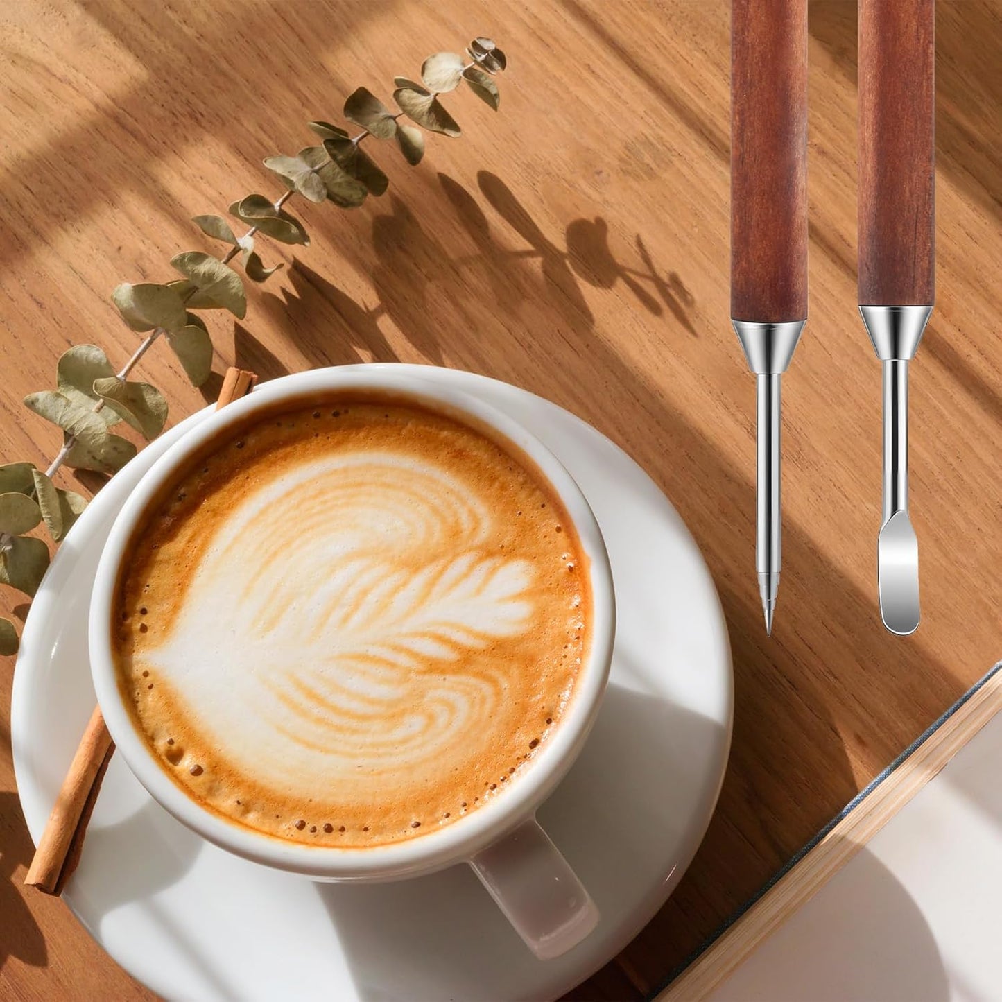 3 Pack Latte Art Pen Set Stainless Steel Latte Art Tools Coffee Drawing Tool with Wood Handle Double Ended Barista Accessories for Espresso Designs, Home and Cafe Use
