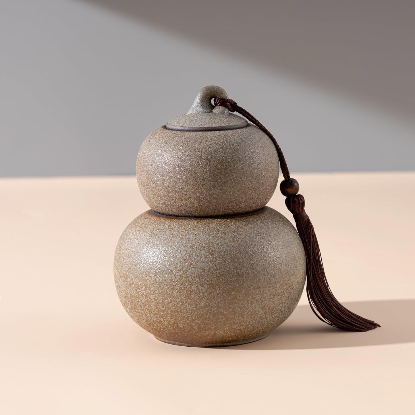 Ceramic Airtight Canister 22 Oz /660ml,Gourd Shap 2 Layers Loose Tea Candy,Food Storage Jar for Coffee,Beans,Herb,Spices,Nuts -Stone White