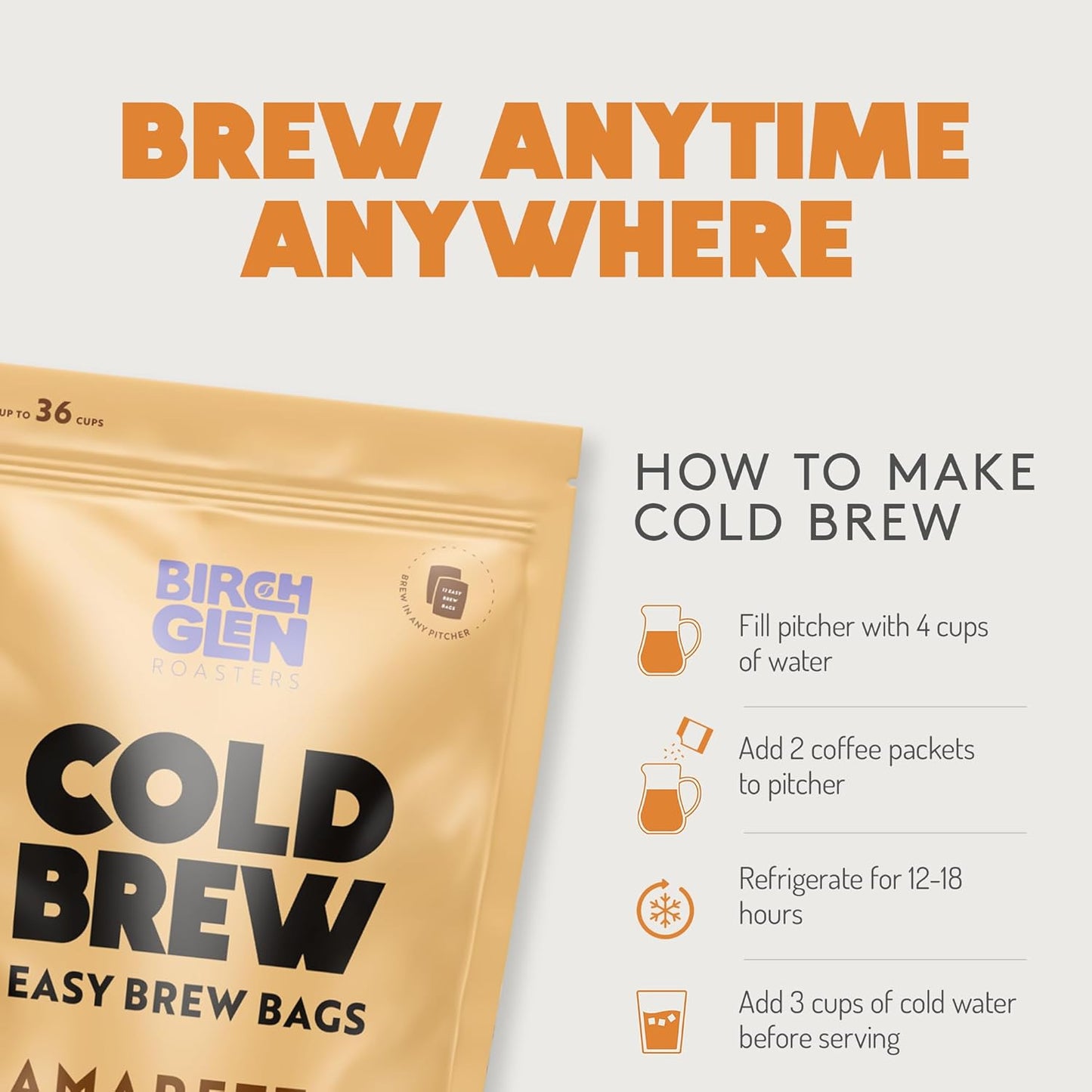 Birch Glen Roasters Cold Brew Coffee Bags - 12 Pack of Coarse Ground Coffee Filter Pitcher Packs for Easy Brewing - 100% Arabica - Yields 6 Pitchers - White Chocolate Mousse Flavor