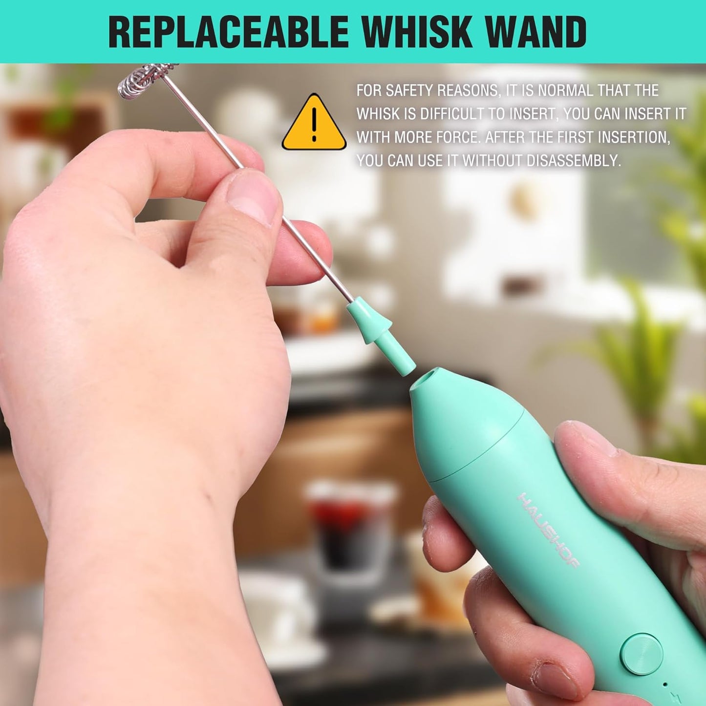 HAUSHOF Powerful Rechargeable Milk Frother Wand with Stand, Handheld Electric Foam Maker, Drink Mixer with Detachable Stainless Steel Whisk for Coffee Latte, Cappuccino, Matcha, Green