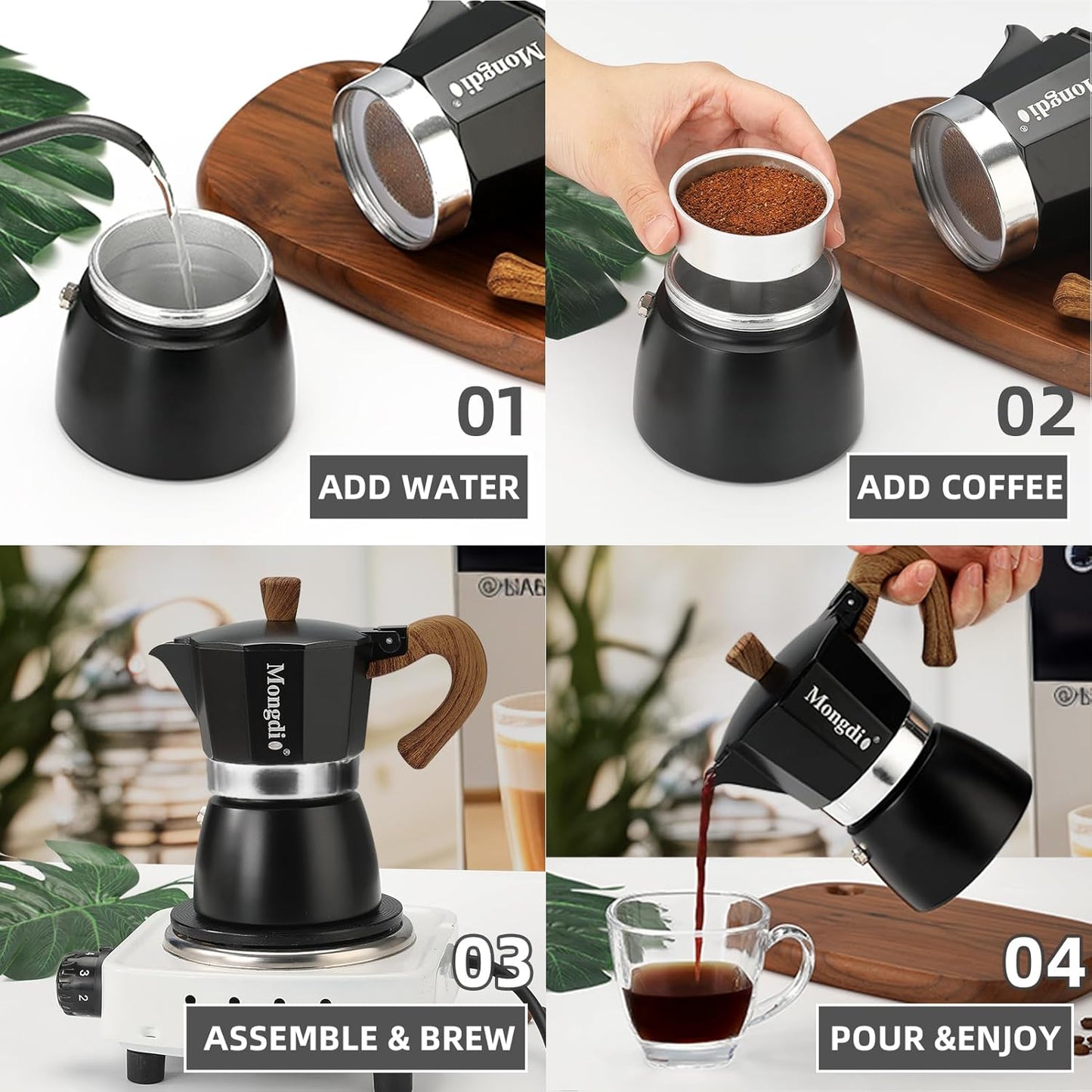 Mongdio Stovetop Espresso Maker Moka Pot, Cuban Coffee Maker Stove top coffee maker Moka Italian Espresso Greca Coffee Maker Brewer Percolator, 6 Espresso Cups, 10 oz - Black